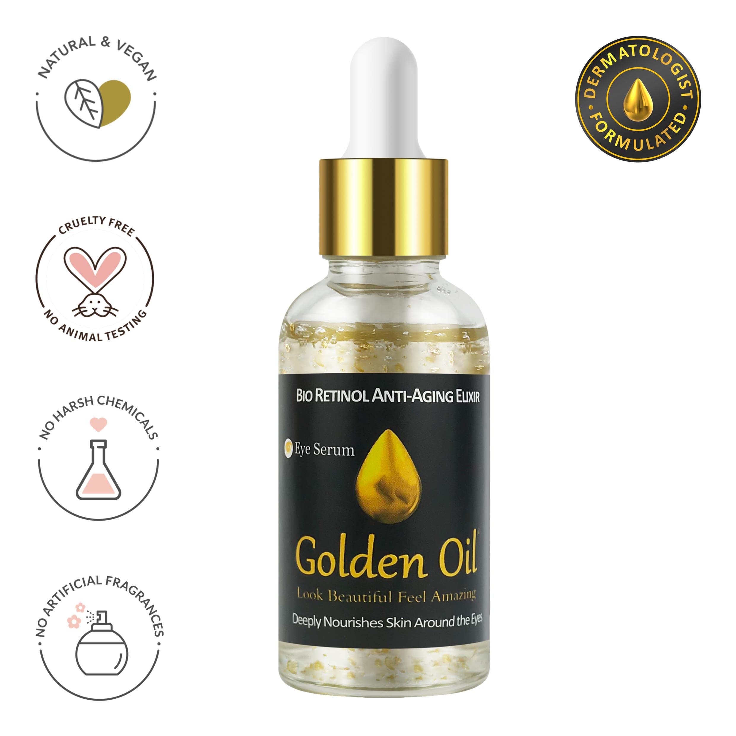 24K Gold Anti-Aging Face & Eye Serum with Bio Retinol, Hyaluronic Acid & Bakuchiol - Dark Circle & Wrinkle Treatment for Fine Lines, Crow's Feet - 1.0 Fl Oz - Perfect for Nighttime Skincare Routine & Daily Hydration