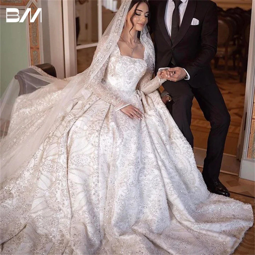 Elegant Square Neck Long Sleeve Beaded Wedding Dress - Custom Made Bridal Gown with Embroidery & Pearls for Bride | Perfect for Church Ceremony, Ballroom Reception, and Formal Wedding Events