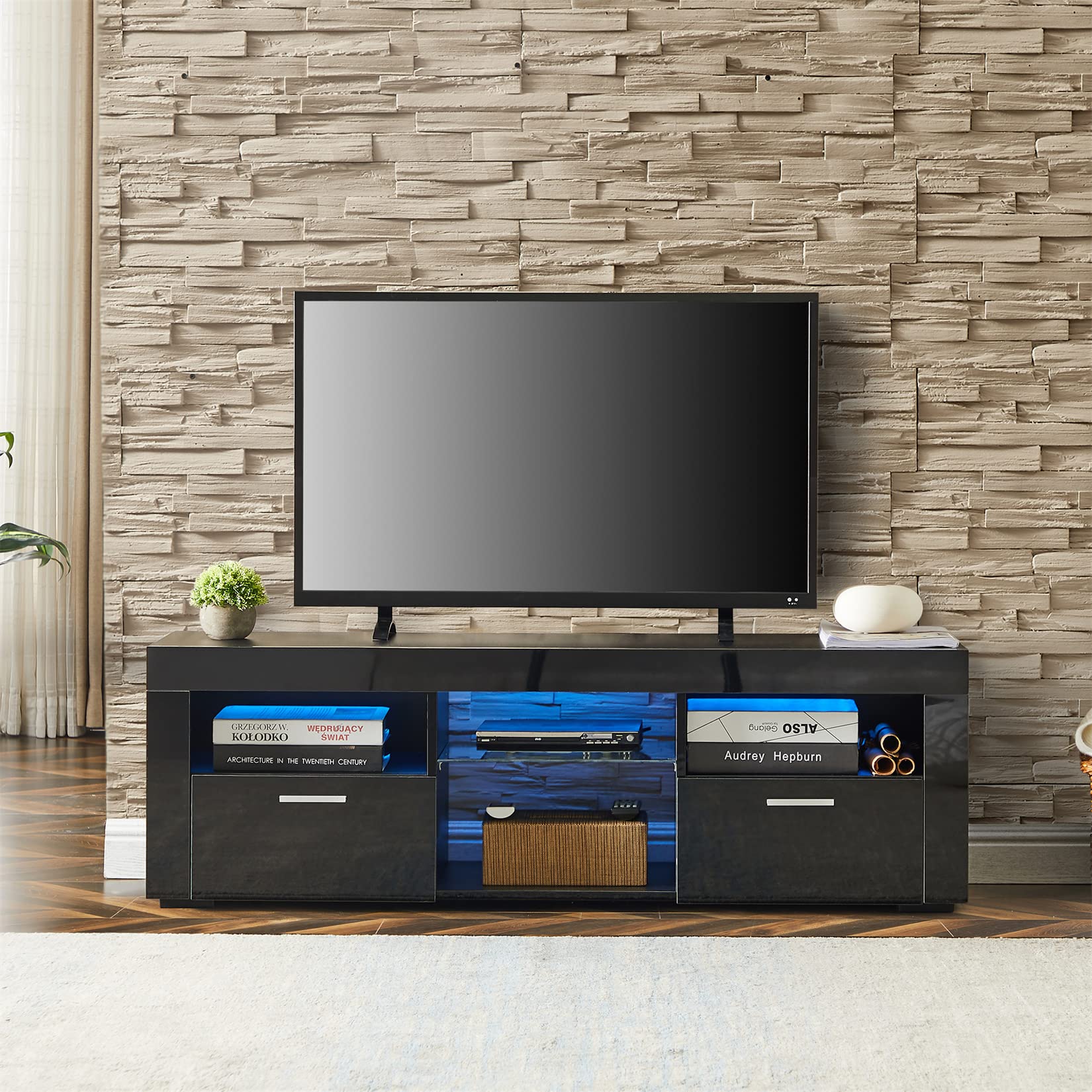 Bellemave 55 inch TV Stand with LED Lights - High Gloss Modern Entertainment Center & Media Console with Storage - Wood TV Cabinet for Living Room, Bedroom - Black