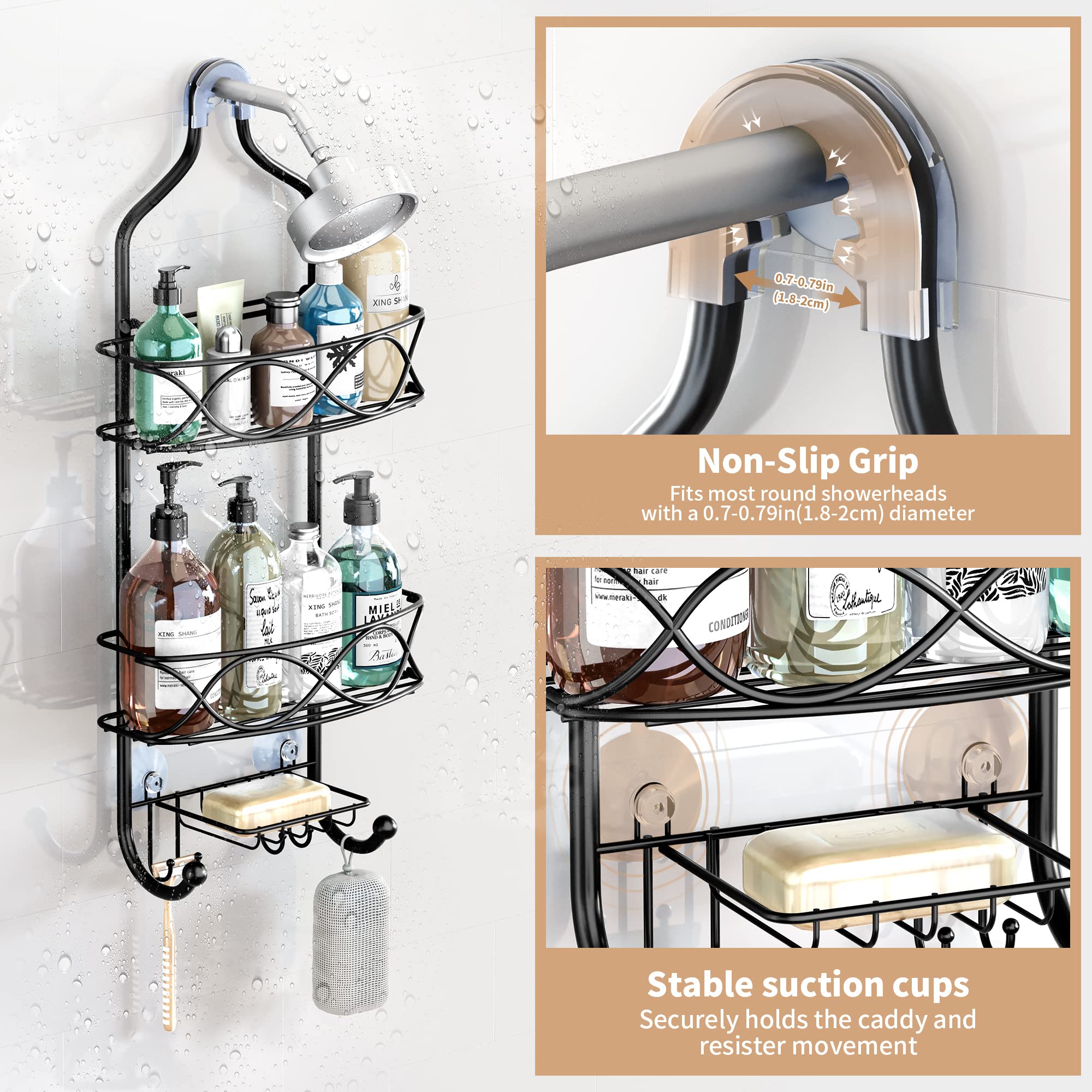 Black Rust-Proof Metal Hanging Shower Caddy - Large Bathroom Organizer for Shampoo, Conditioner, Body Wash, Soap, Razors & Sponges | Over Shower Head Storage Solution for Small Bathrooms & Apartments