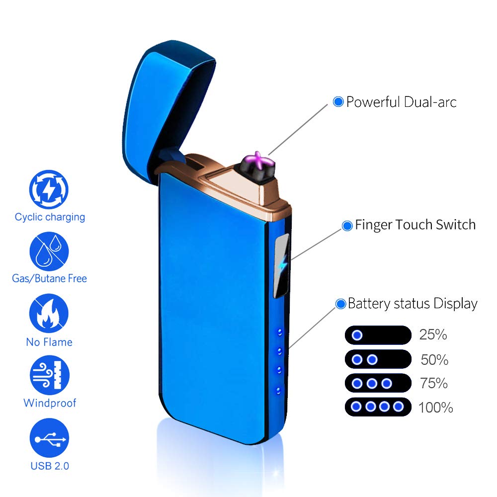 Premium USB Rechargeable Flameless Plasma Lighter - Windproof Dual Arc Electric Lighter with LED Indicator (Blue) | Perfect for Camping, Hiking, Outdoor Adventures & Everyday Use