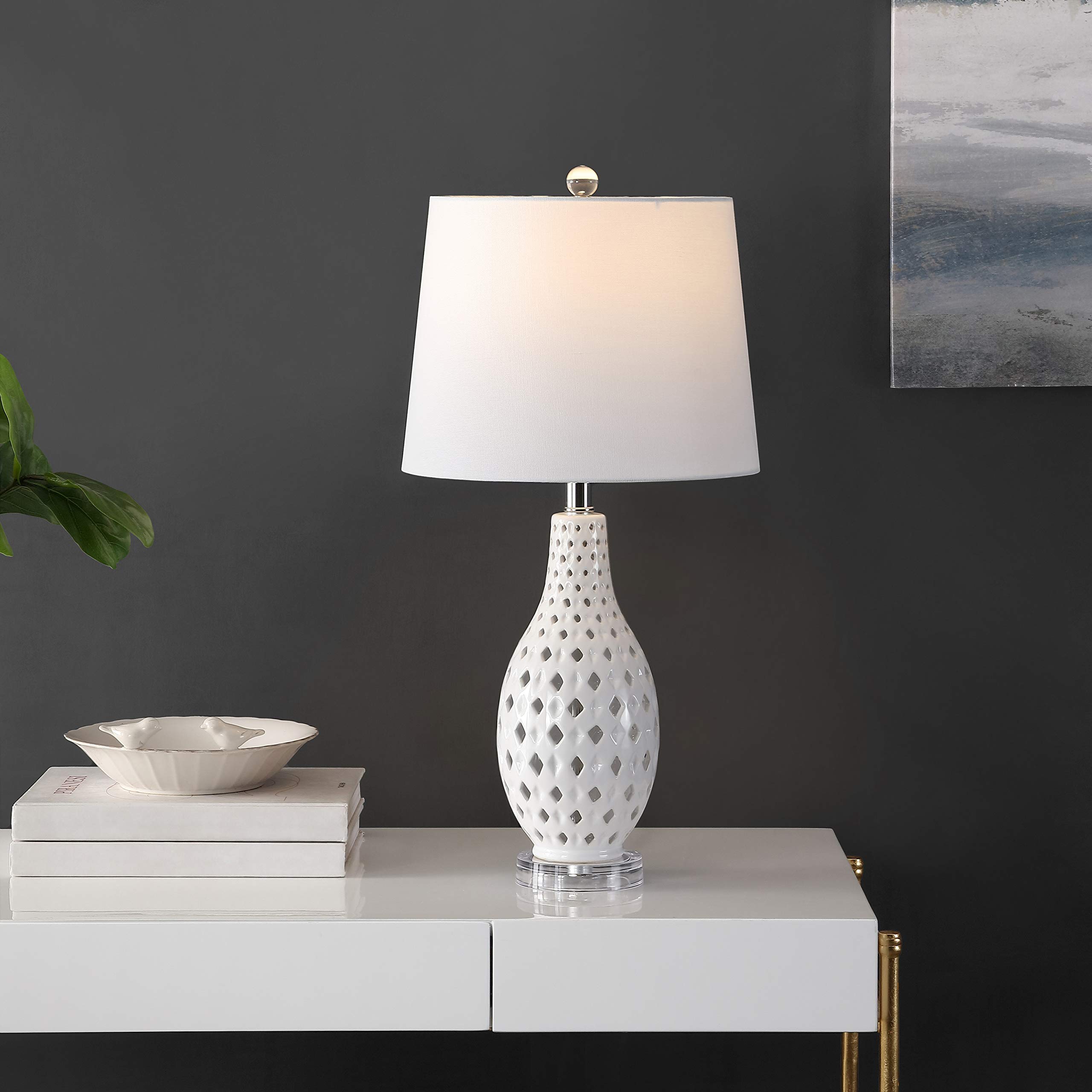 SAFAVIEH Harlem Trellis White Ceramic Table Lamp - 26 Inch Modern LED Desk Lamp for Bedroom, Living Room & Home Office - Nightstand Lighting with Included LED Bulb - Perfect for Reading, Working & Ambient Lighting