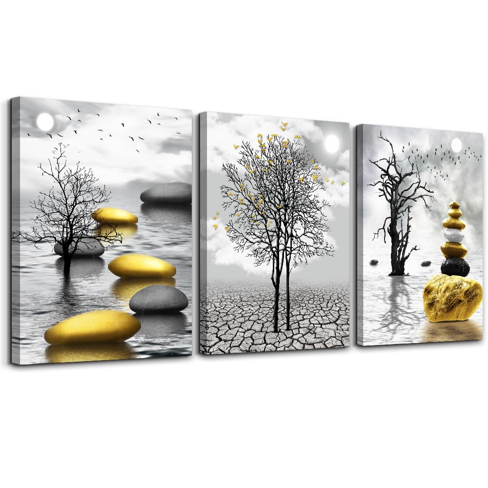 Modern Black and White Canvas Wall Art Set - 3 Piece Yellow Landscape Painting Prints for Living Room, Bedroom & Office Decor | Inspirational Home Wall Decor for Modern Interiors