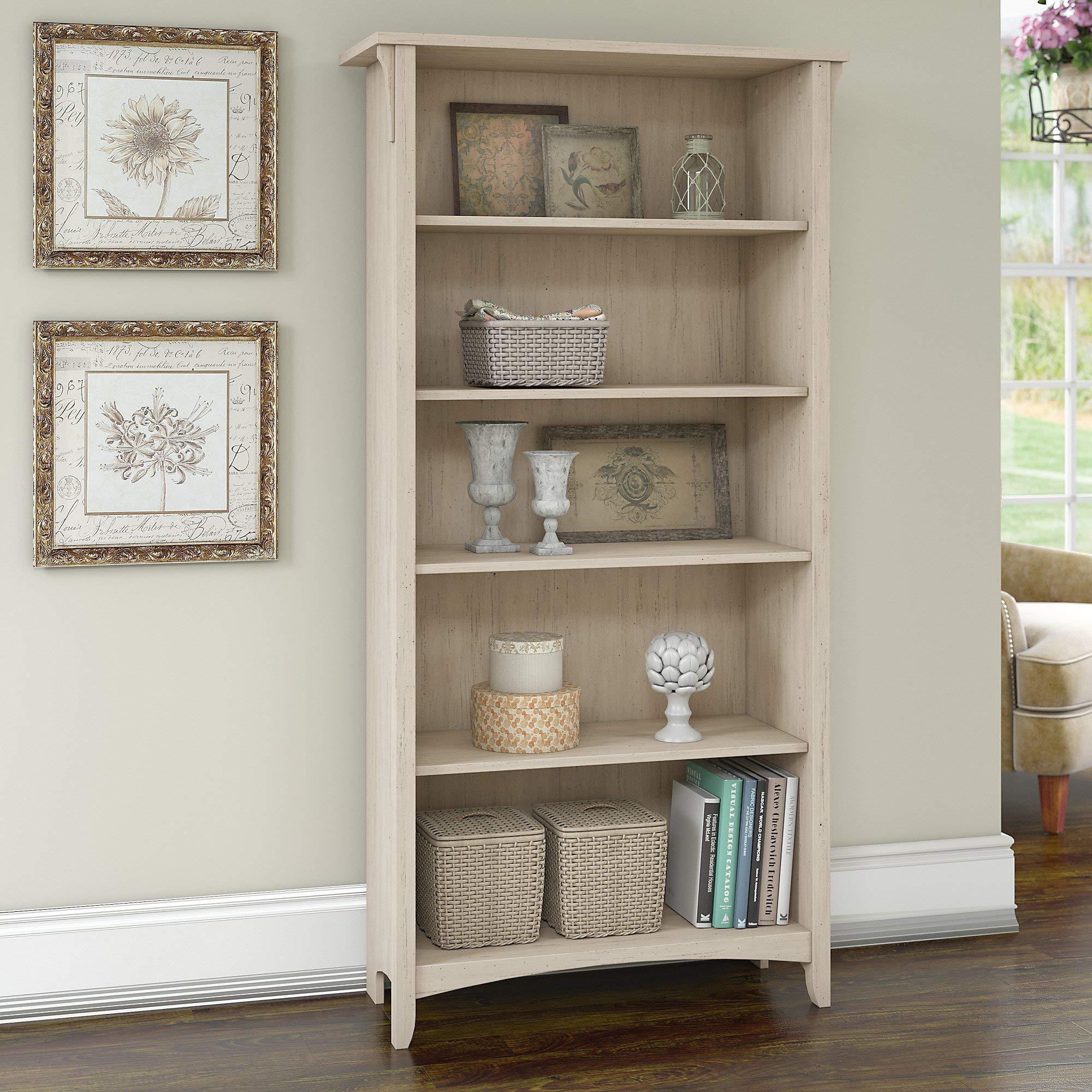 Bush Furniture Salinas Small Computer Desk with Hutch & 5-Shelf Bookcase Set, Antique White - Compact Home Office Desk for Small Spaces, Study & Workstation Solution