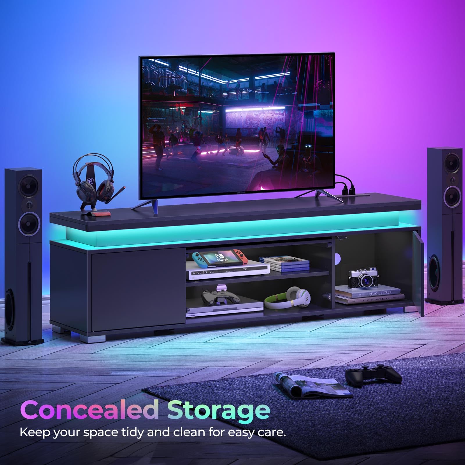 Rolanstar Modern TV Stand with Power Outlet & LED Lights - Universal Entertainment Center for 32-65 Inch TVs, Gaming TV Media Console with Large Storage Cabinet (Black) - Perfect for Living Room, Bedroom & Home Theater Setup