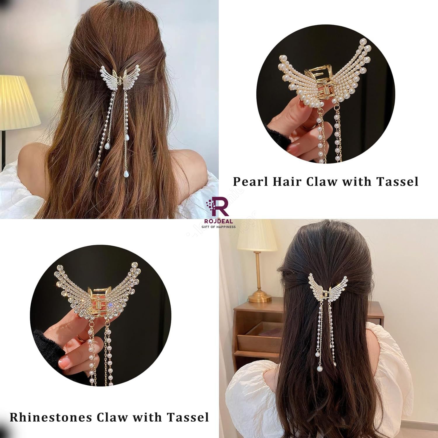 Sparkling Rhinestone Pearl Hair Claw Clips for Women - Crystal Metal Butterfly Tassel Hair Clamps (1 Piece) - Elegant Hair Styling Accessories for Parties, Weddings & Everyday Wear