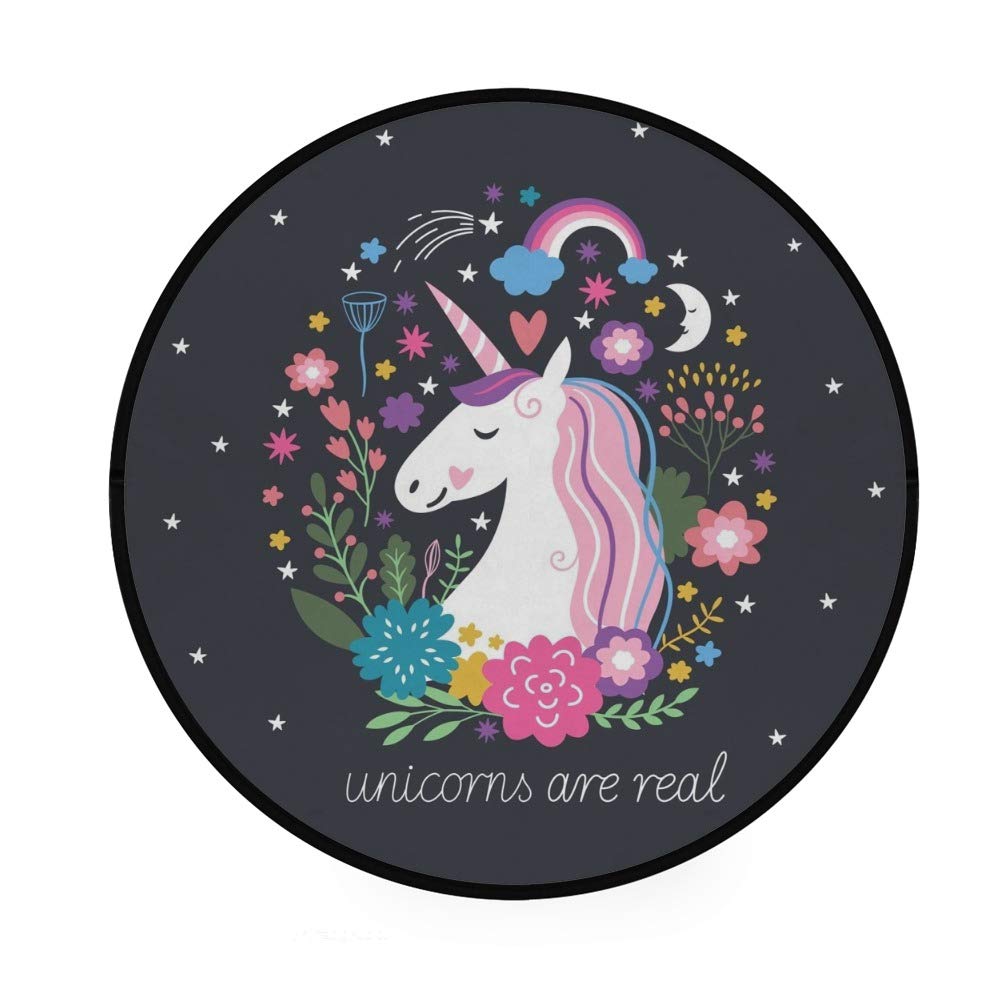 Floral Unicorn Rainbow Round Area Rug - Soft Polyester Kids Play Mat & Yoga Floor Mat for Living Room, Bedroom, Nursery (3' Diameter) - Perfect for Playtime, Meditation & Home Decor
