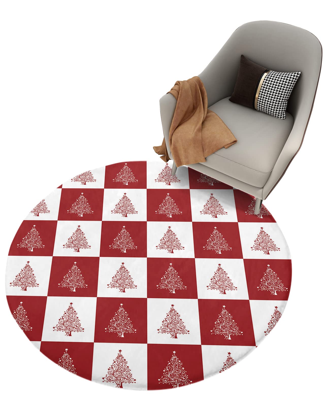 Soft Plush Shag Round Area Rug with Christmas Tree Texture - Red and White Buffalo Check Plaid Circular Carpet for Bedroom, Living Room, Nursery & Kids Room | Cozy Floor Mat for Holiday Decor, Winter Home Comfort & Family Gatherings