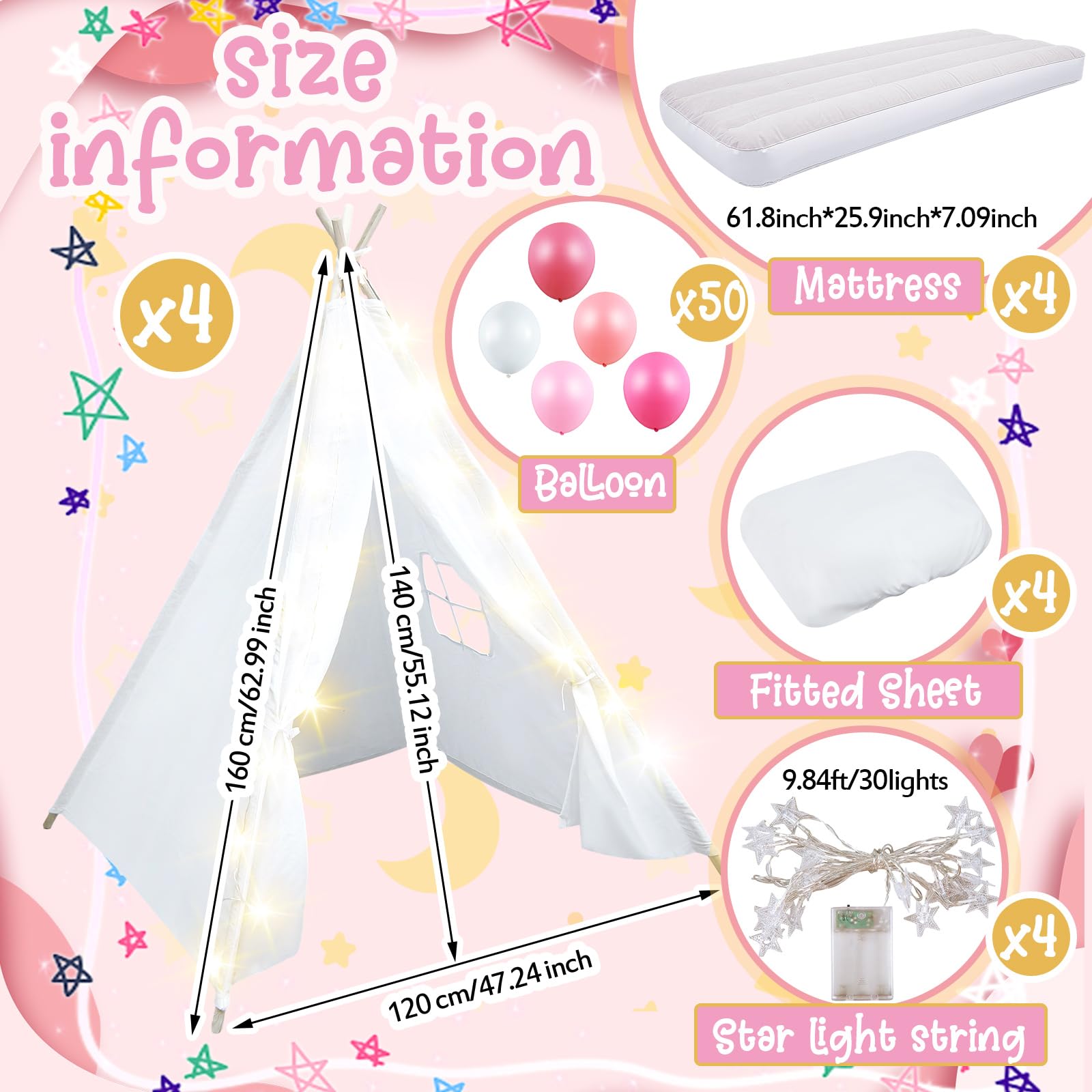 4 Pack Kids Teepee Tent with Mattress, Fitted Sheet & LED Lights - Washable Cotton Play Tent for Girls Sleepover, Birthday Party, Movie Night - Indoor & Outdoor Playhouse (White)