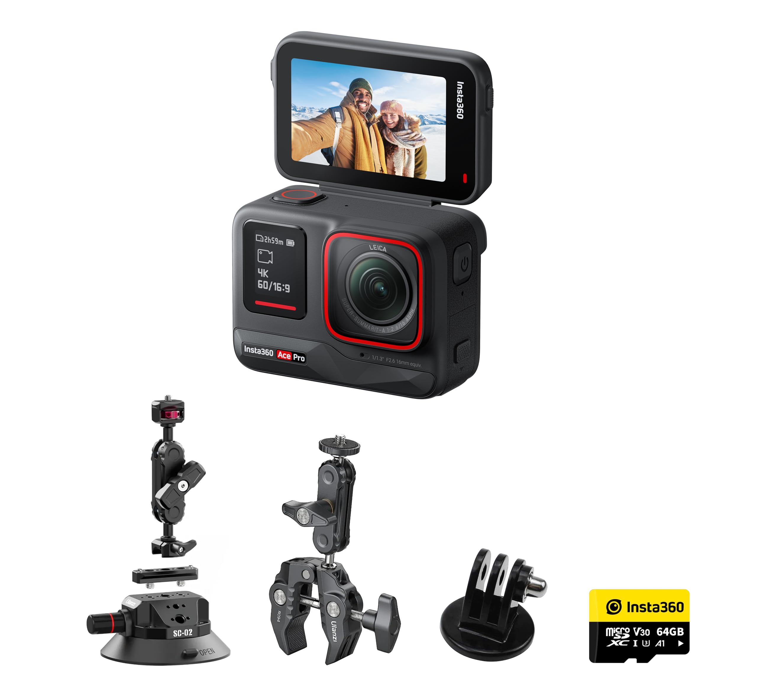 Insta360 Ace Pro 8K Action Camera Mounting Kit with 64GB Card - Includes Strong Suction Cup Mount, Super Clamp & Universal Tripod Adapter for Sports, Vlogging & Outdoor Adventures