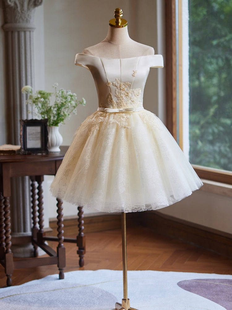 Elegant A-Line Off Shoulder Tulle Lace Short Prom Dress in Champagne - Perfect for Homecoming, Cocktail Parties & Special Occasions