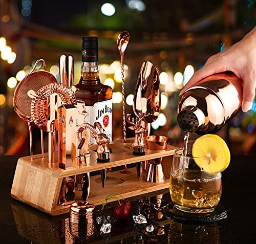Premium 15-Piece Rose Copper Cocktail Shaker Set - Bartender Kit with Stand, Bar Tools & Recipe Cards | Perfect for Home Mixology, Parties & Professional Bartending