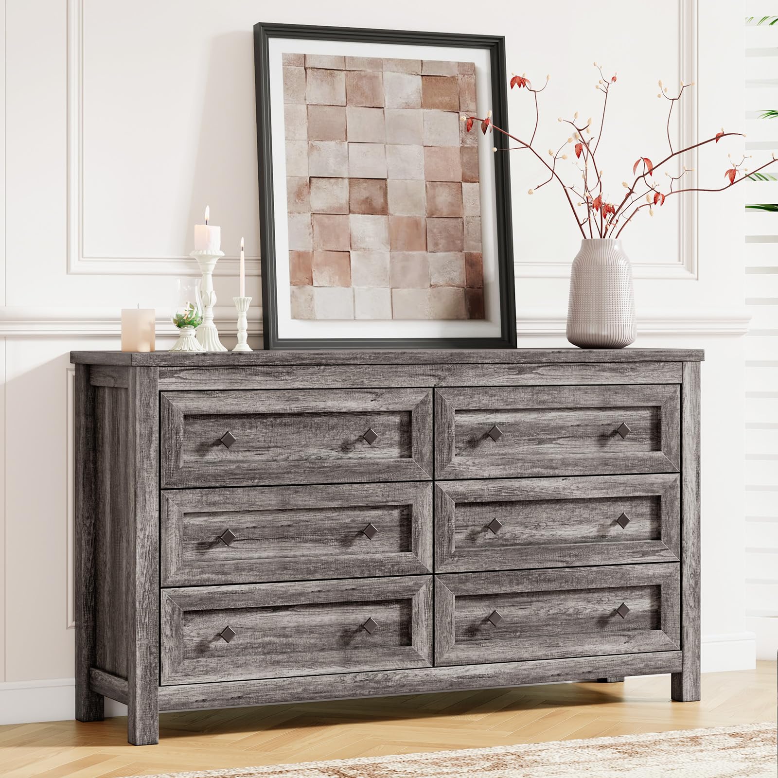 Rustic Grey 3-Piece Bedroom Furniture Set - 6-Drawer Dresser & 2 Nightstands with Charging Station | Farmhouse Style Wood Storage Dresser & Bedside Tables | Perfect for Master Bedroom, Guest Room, or Apartment Decor
