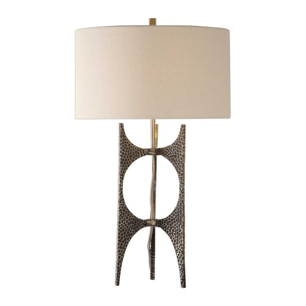 Antique Bronze Table Lamp with White Linen Drum Shade - On/Off Switch - Perfect for Bedroom, Living Room, or Office Lighting