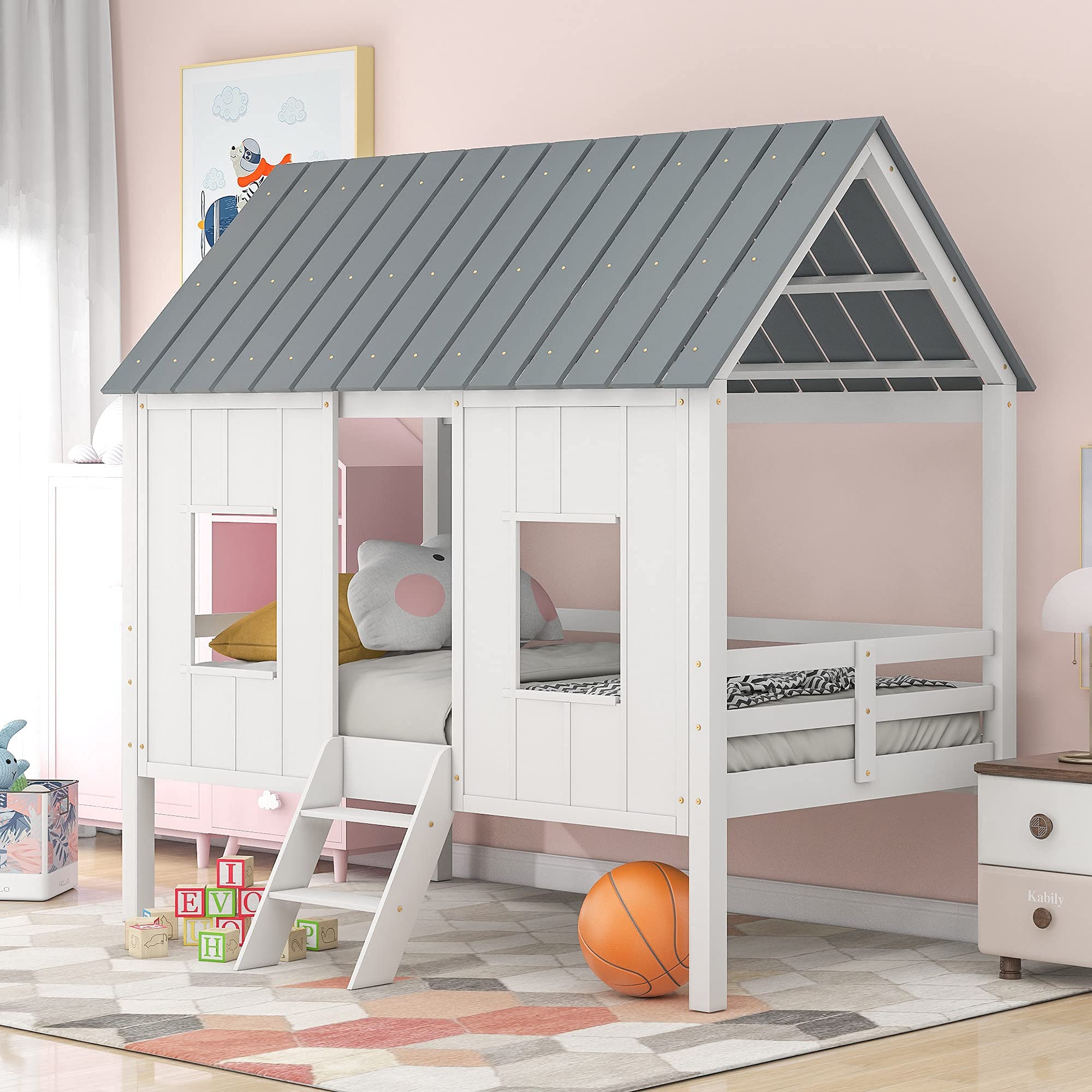 Wooden Bunk Bed with Roof, Window & Guardrail - Kids Loft Bed with Ladder for Toddlers & Teens | Easy Assembly Wood House Bed for Bedrooms, Playrooms & Dorm Rooms