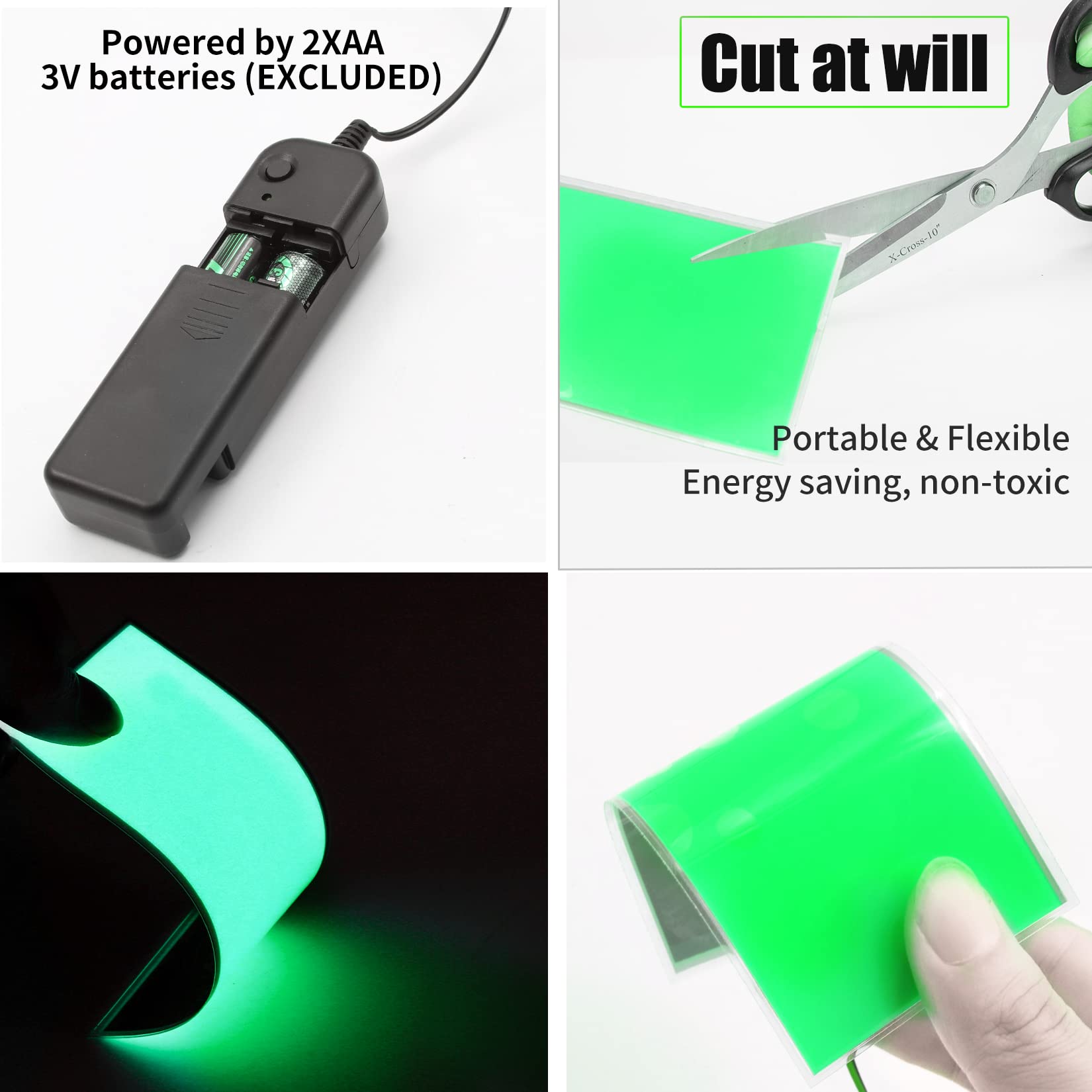 Electroluminescent EL Sheet Light - 3 Modes (Steady On/Slow Flash/Fast Strobe), 12cm x 5cm DIY Neon Panel, Cuttable Backlit Lamp for Cosplay, Home Decor, and Party Lighting (Green) - Perfect for Costume Accessories, Room Decorations, and Nightclub Events