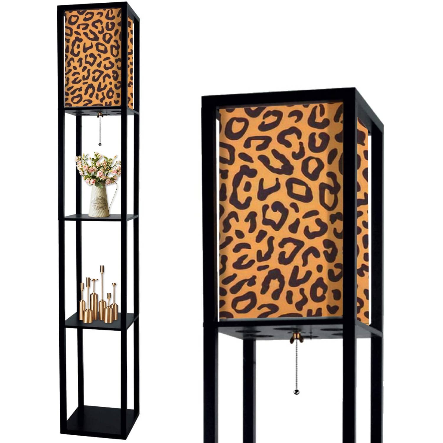 Modern LED Floor Lamp with Shelves & Linen Shade - Classic Animal Skin Texture in Varied Shades, Tall Corner Standing Lamp for Living Room, Bedroom, Office - Perfect for Reading, Decor & Ambient Lighting