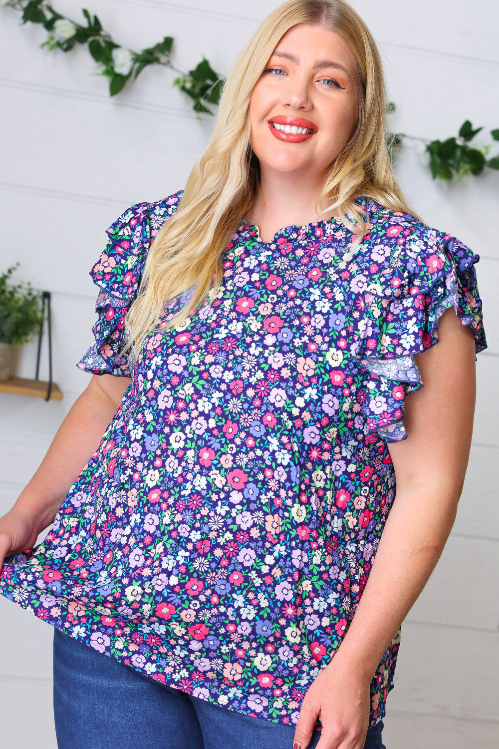 Navy Floral Print Mock Neck Flutter Sleeve Blouse for Women | Elegant Summer Tops for Office, Date Night & Casual Outings