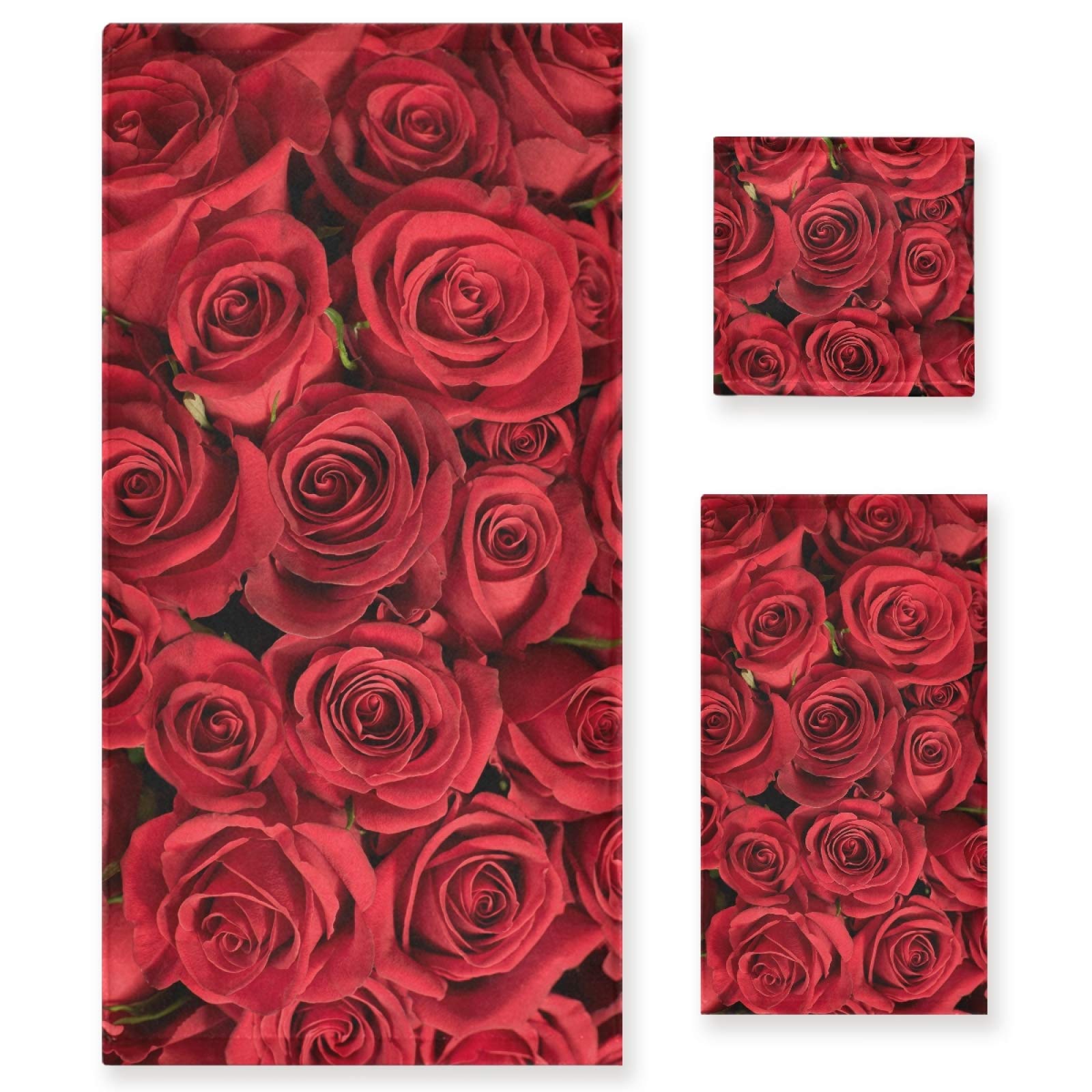 Red Roses in Bloom Seamless 3-Piece Towel Set - Ultra Soft & Absorbent (1 Bath Towel, 1 Hand Towel, 1 Washcloth) | Perfect for Spa, Bathroom, Hotel, Kitchen, Beach & Gym