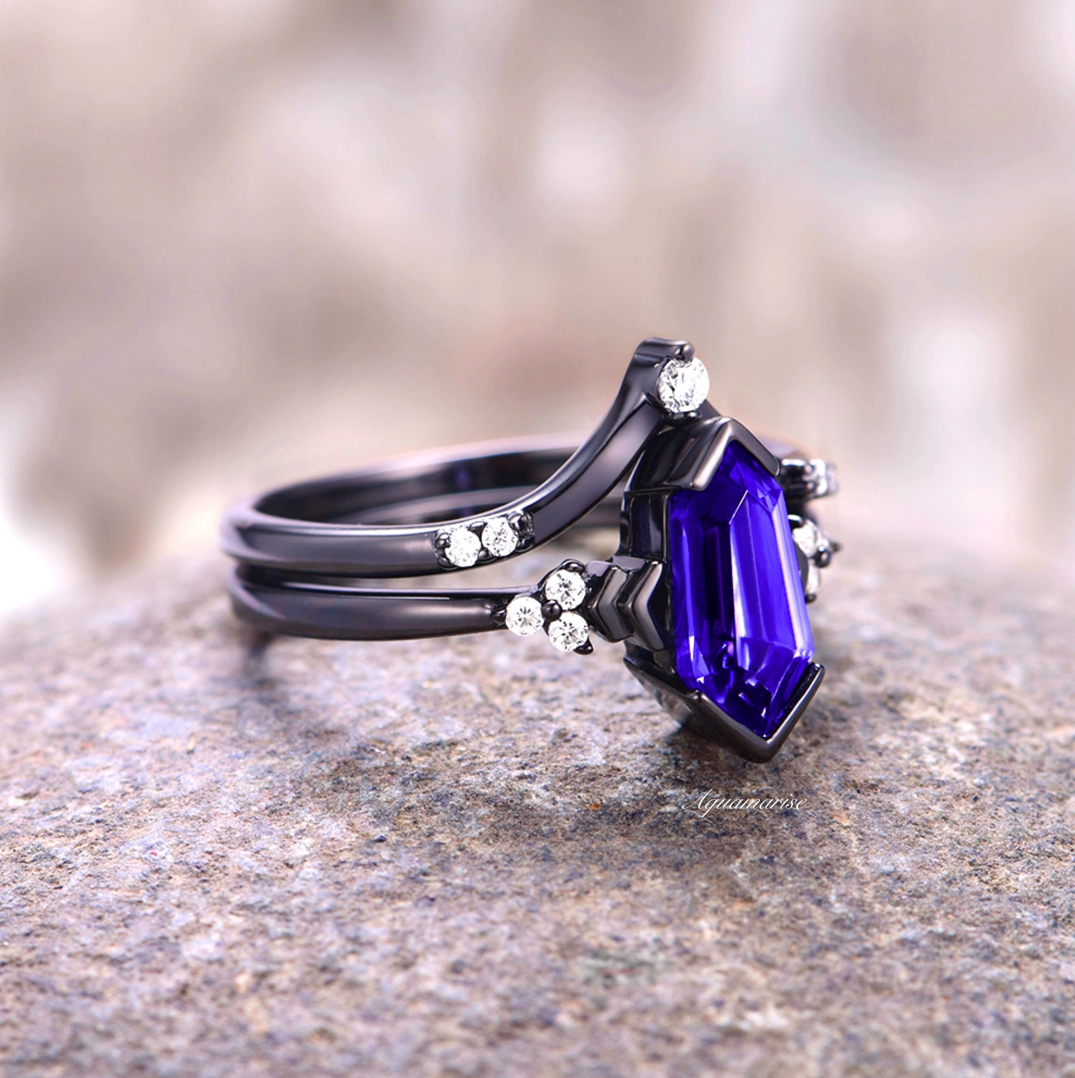 Exquisite Tanzanite Coffin Kite Ring in Black Rhodium - Elegant Gothic Jewelry for Women, Perfect for Halloween, Dark Romance & Alternative Fashion