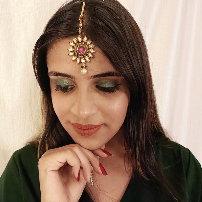 Royal Kundan Maang Tikka Gold Plated Hair Jewelry - Indian Bridal Headpiece for Weddings & Festivals (Design D38)