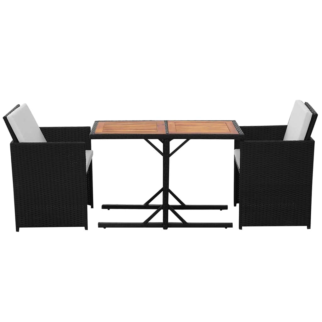 3-Piece Outdoor Patio Bar Set with Cushions - Black Poly Rattan Bistro Table & Stools for Backyard, Garden, Poolside or Balcony Dining