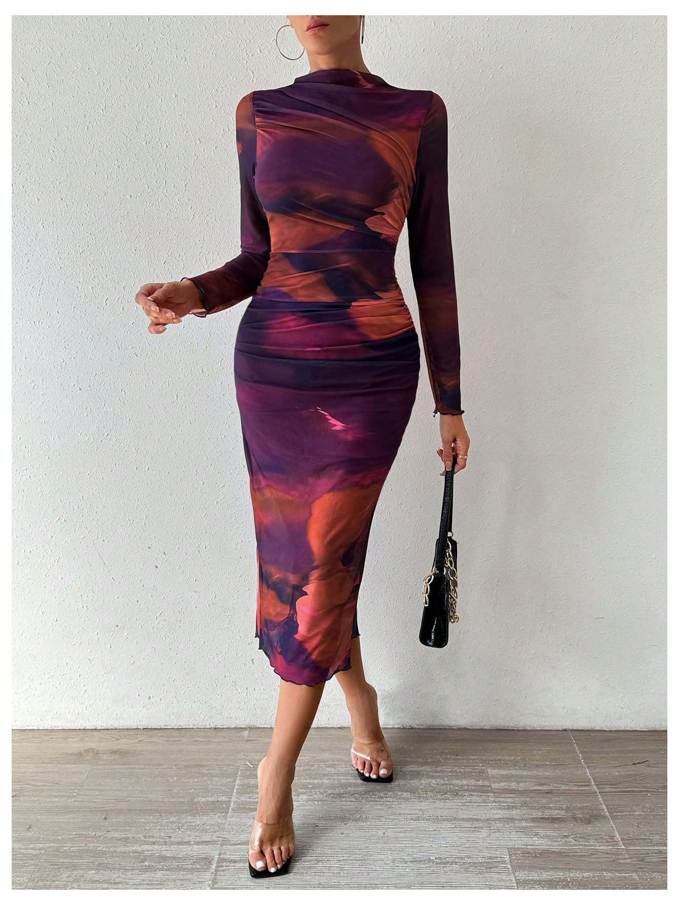 GORGLITTER Women's Ruched Tie Dye Bodycon Dress - Long Sleeve Mock Neck Midi Dress for Party, Club & Evening Wear | Sexy Stretchy Mesh Cocktail Dress