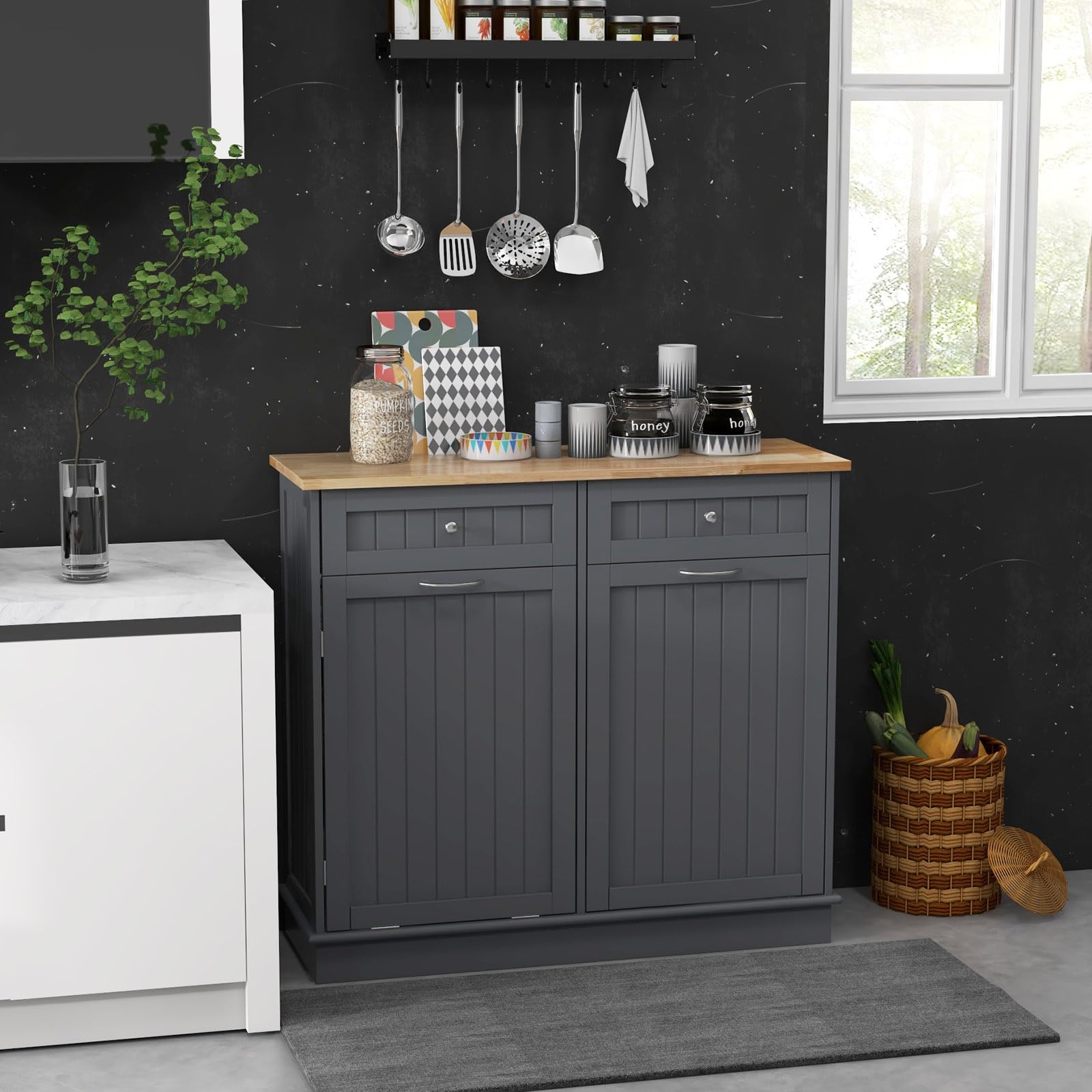 Freestanding Tilt-Out Trash Cabinet with 2 Drawers & Adjustable Shelf - Rubber Wood Countertop Kitchen Island Organizer, Laundry Hamper & Pet-Proof Recycling Bin Holder (Gray) | Perfect for Small Kitchens, Laundry Rooms & Pet-Friendly Homes