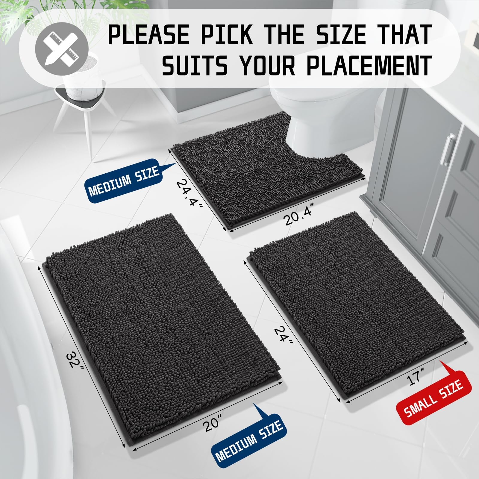 Luxury Chenille Shaggy Bathroom Rug Mat - 32'' x 20'' Extra Soft & Thick Absorbent Non-Slip Bath Mat for Bath Floor, Tub and Shower - Machine Washable - Black - Perfect for Bathroom, Spa and Home Decor