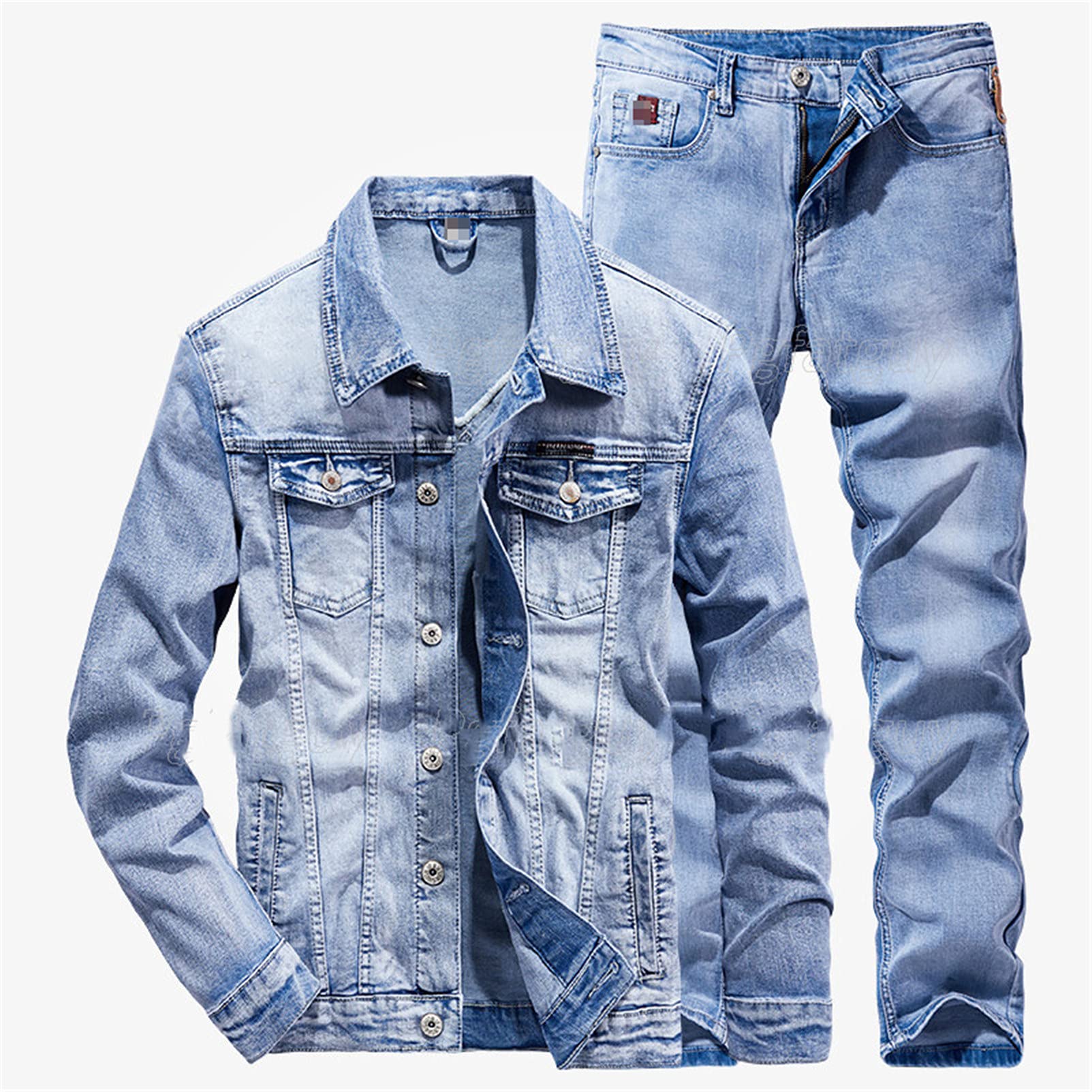Stylish Slim Fit Solid Color Couple Jeans Set - Light Blue Denim Jacket & Jeans 2-Piece Outfit for Spring & Fall | Perfect for Date Nights, Casual Outings & Matching Couple Looks