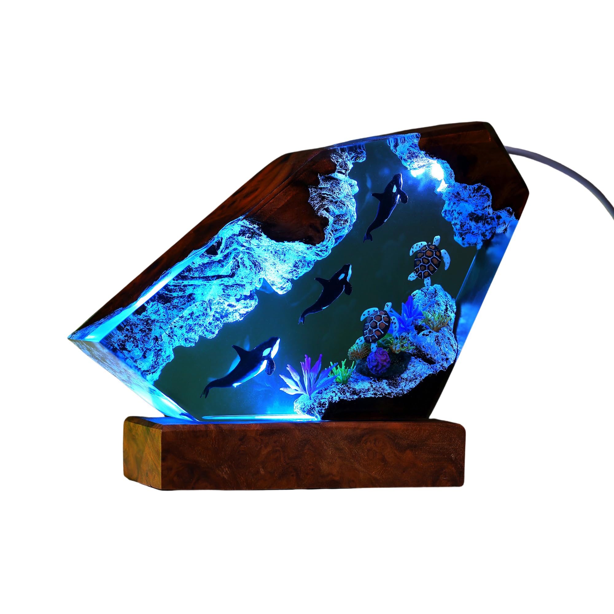 Orca and Turtle Resin Wood Lamp - Ocean Themed Night Light with Dolphin Diorama - 9x6 Inch Epoxy Resin Table Lamp - Unique Gift for Him or Her - Perfect for Bedroom, Living Room, or Office Decor