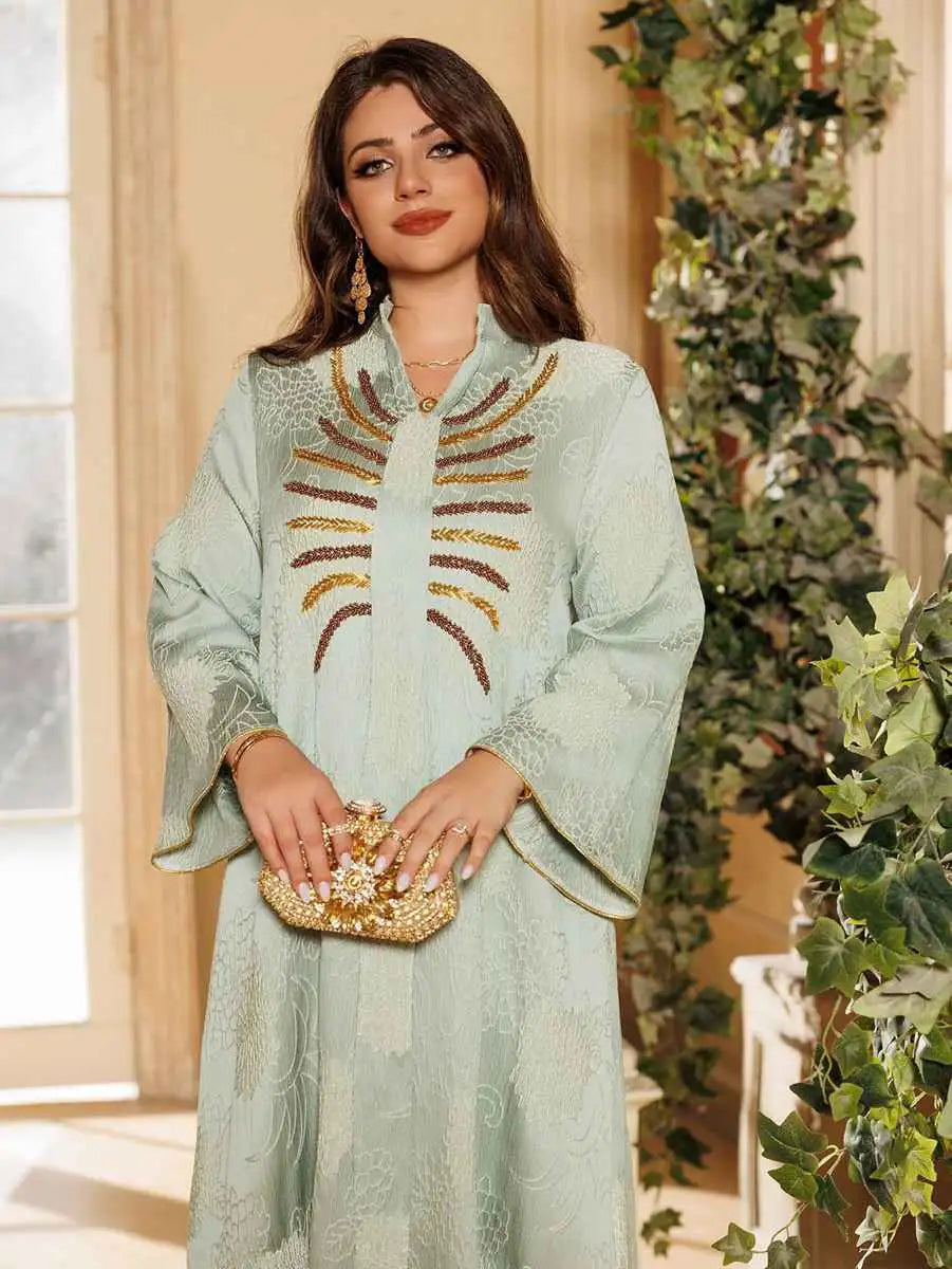 Elegant Jacquard Beaded Caftan Dress for Women - Boho Maxi Kaftan with Intricate Embroidery - Perfect for Eid Celebrations, Weddings & Special Occasions