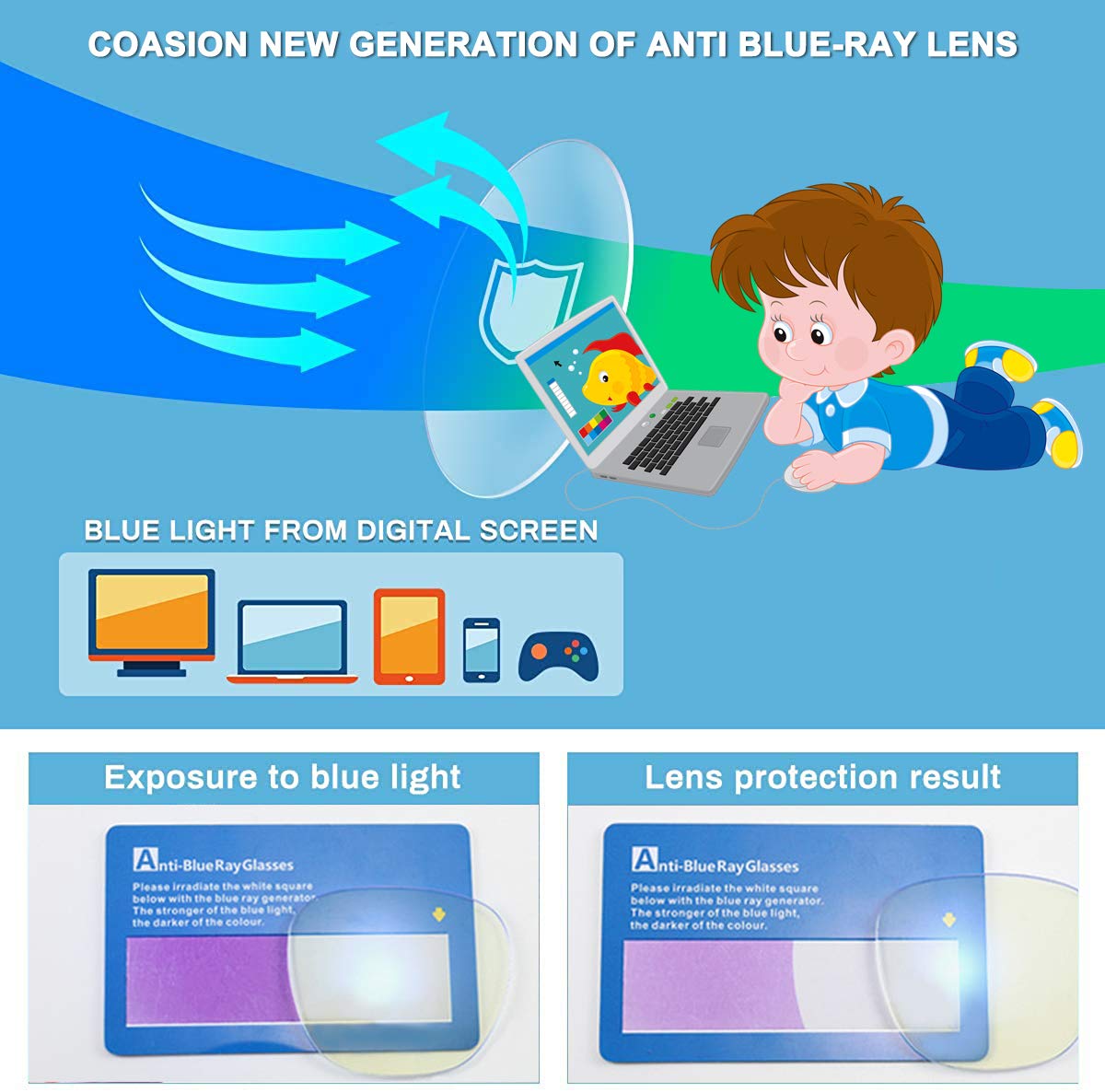 COASION Blue Light Blocking Glasses for Kids Age 3-12 - 3 Pack Computer Gaming Glasses for Girls & Boys - UV Protection Anti Eyestrain Glasses for Online Classes, Video Games & Screen Time