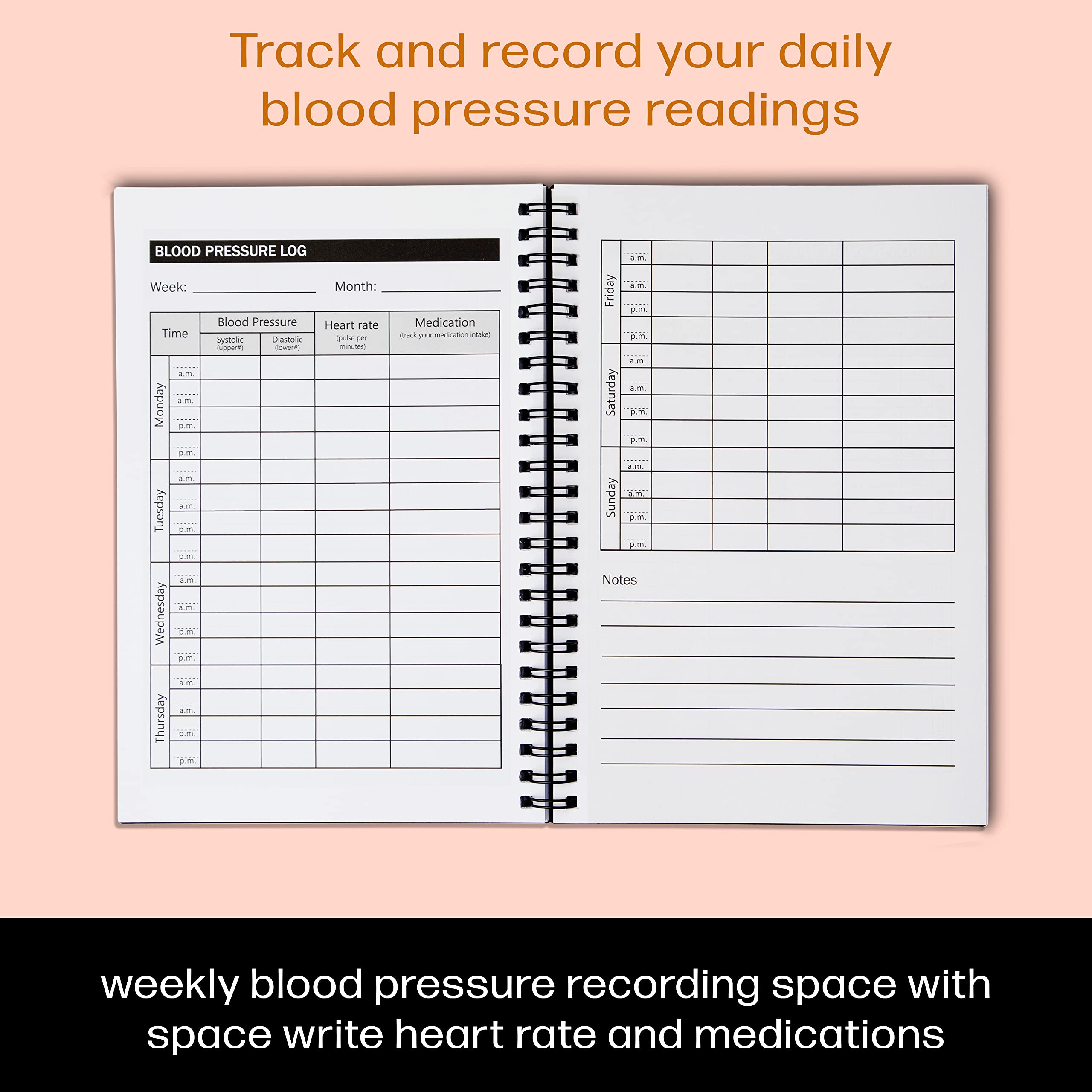 Miru A5 Blood Pressure Log Book - Spiral Bound Hardcover Notebook for Daily Blood Pressure, Heart Rate & Medication Tracking - 116 Pages - Perfect for Home Health Monitoring & Doctor Visits
