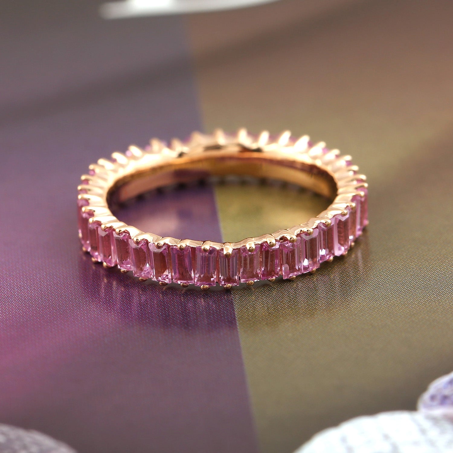 18k Rose Gold Baguette Cut Pink Sapphire Ring for Women - Elegant Gemstone Band Jewelry for Engagement, Wedding, or Anniversary Gifts