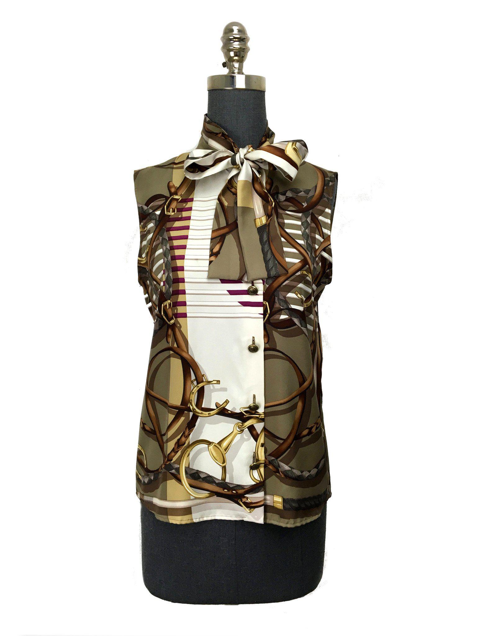 Gucci Iconic Equestrian Printed Silk Sleeveless Blouse for Women - Size Medium (M) - New With Tags (NWT) - Perfect for Parties, Weddings & Luxury Fashion Events