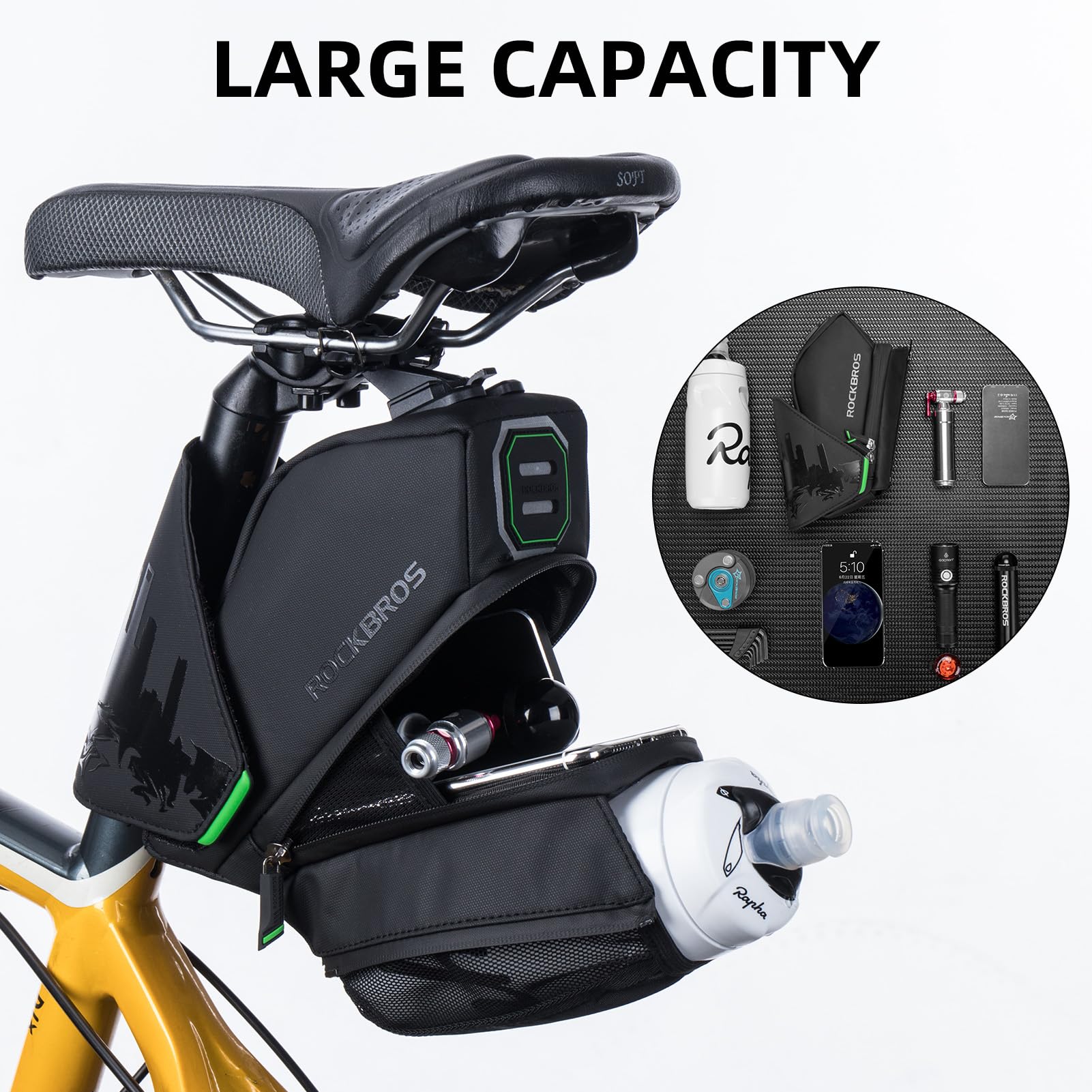 ROCKBROS Waterproof Bike Saddle Bag with Bottle Holder - Under Seat Bicycle Storage for Road Bikes | Perfect for Cycling Commutes, Long Distance Rides & Outdoor Adventures