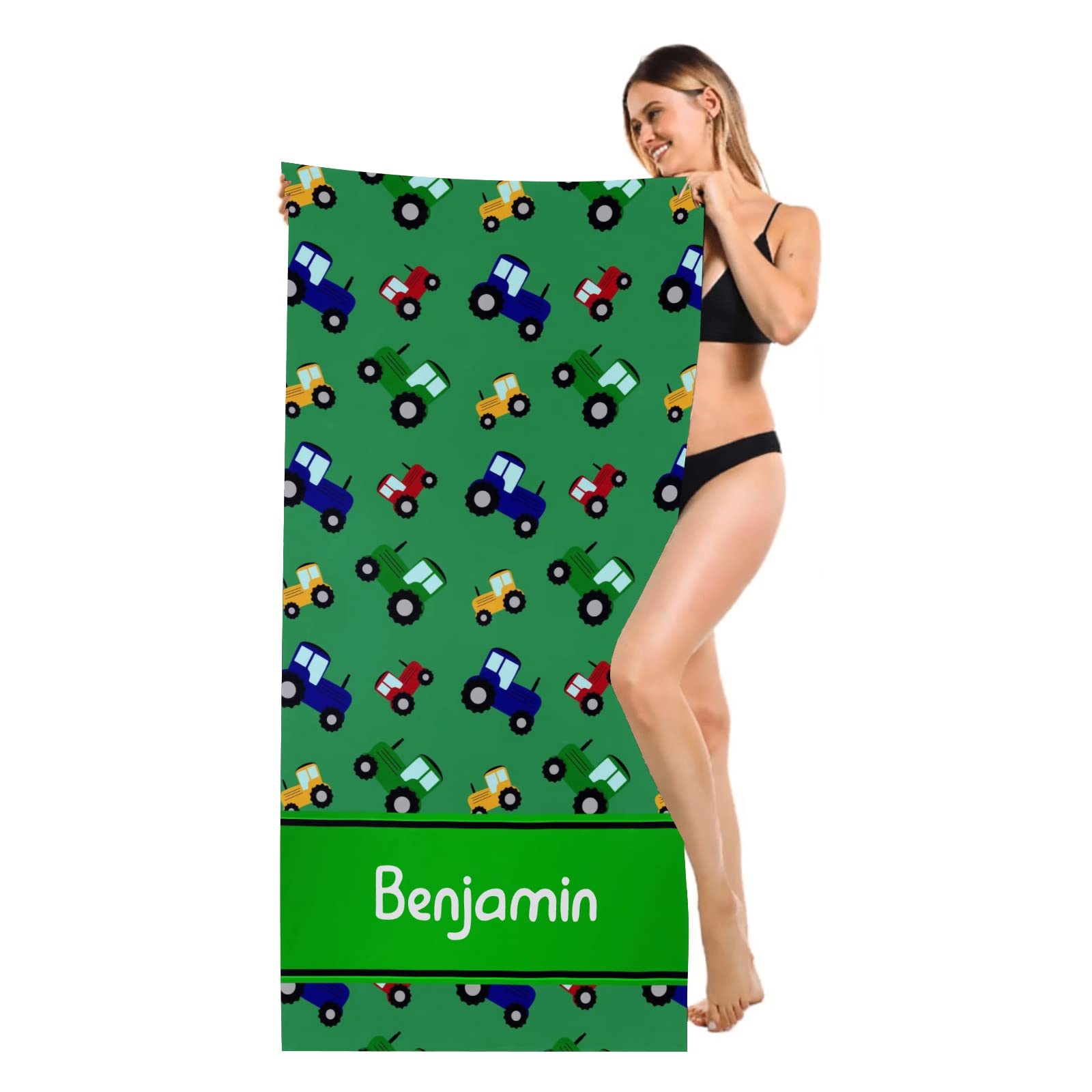 Custom Personalized Cute Tractors Green Beach Towel with Name - 30x60 Inch Large Pool Towel for Women, Men, Kids - Perfect for Beach, Pool, Picnic & Outdoor Activities