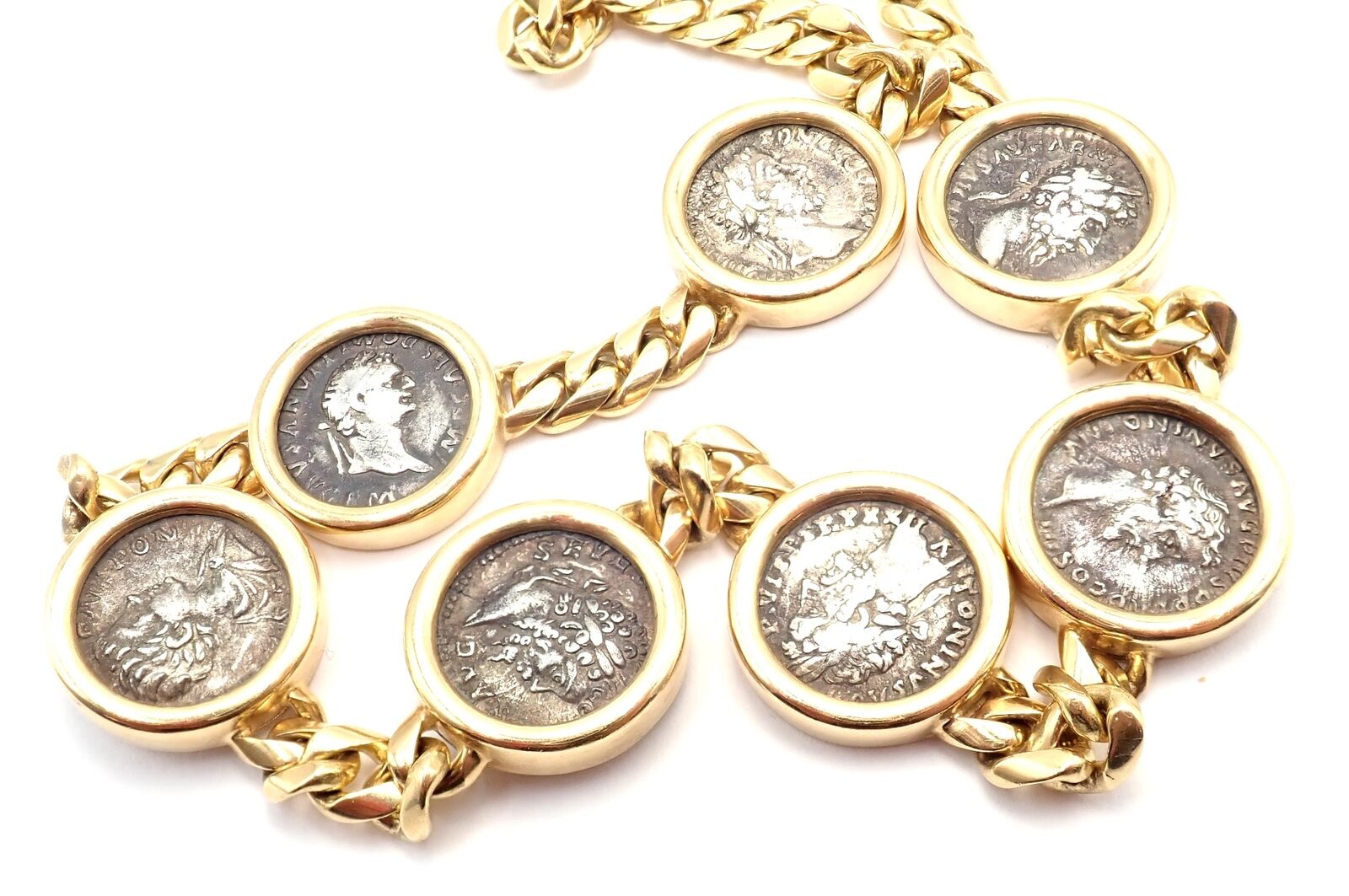 Vintage Bvlgari Bulgari 18k Yellow Gold 7 Antique Coin Monete Link Necklace - Luxury Italian Jewelry for Women, Perfect for Parties & Special Occasions