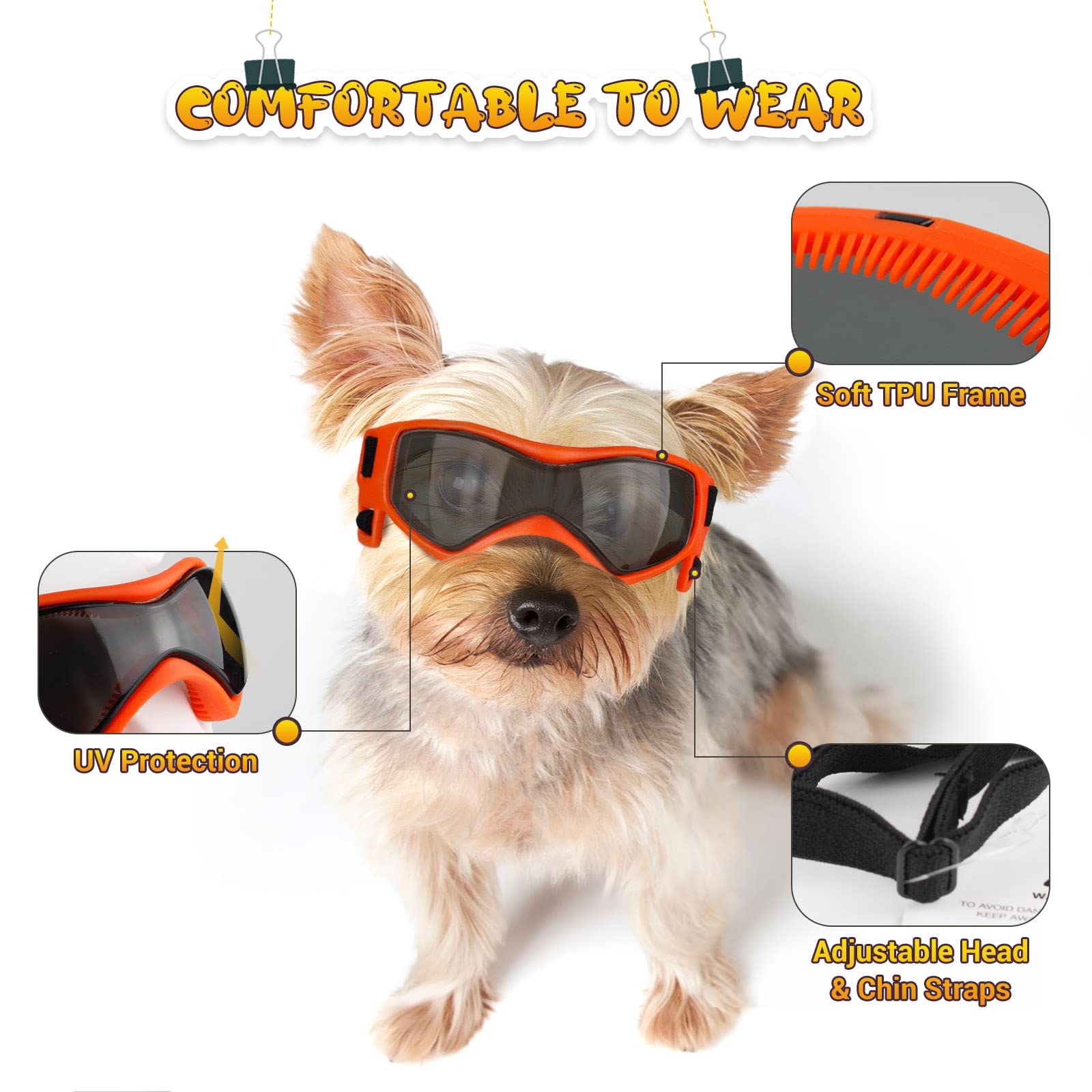 PETLESO UV Protection Dog Goggles for Small & Medium Breeds - Adjustable Dog Sunglasses for Outdoor Activities, Riding, Driving & Hiking - Medium Size Orange Pet Safety Glasses