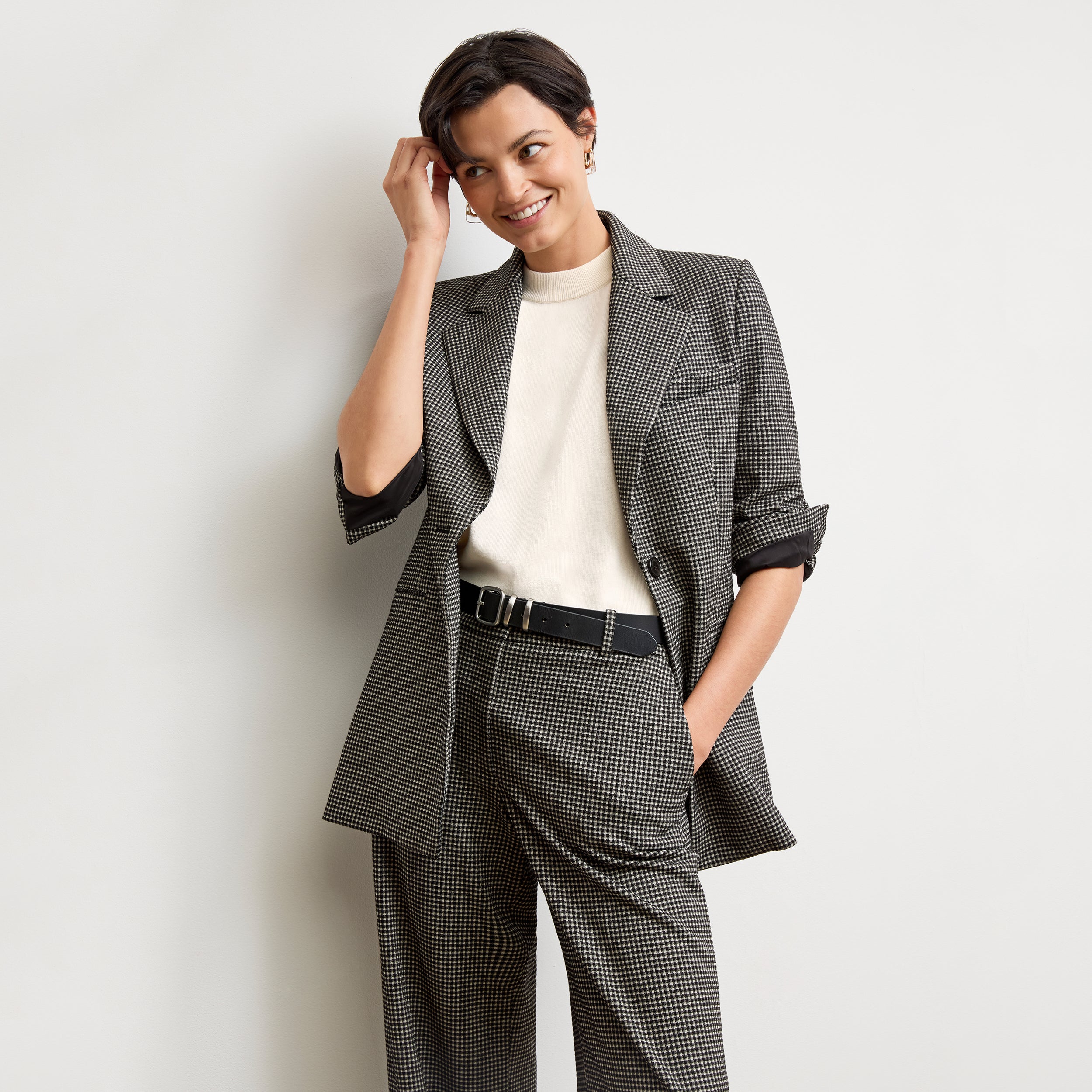 Tinsley Wide Leg Pants for Women - Soft Knit Suiting Fabric with Classic Check Pattern | Office Wear & Casual Outfits