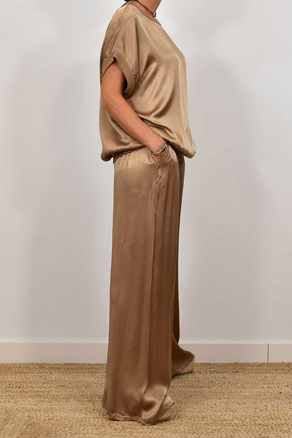 Women's Satin Solid Color Loose Short Sleeve Top & Elastic Waist Lace-Up Pocket Wide Leg Pants Set - Casual Outfit for Summer, Beach, Vacation and Lounge Wear
