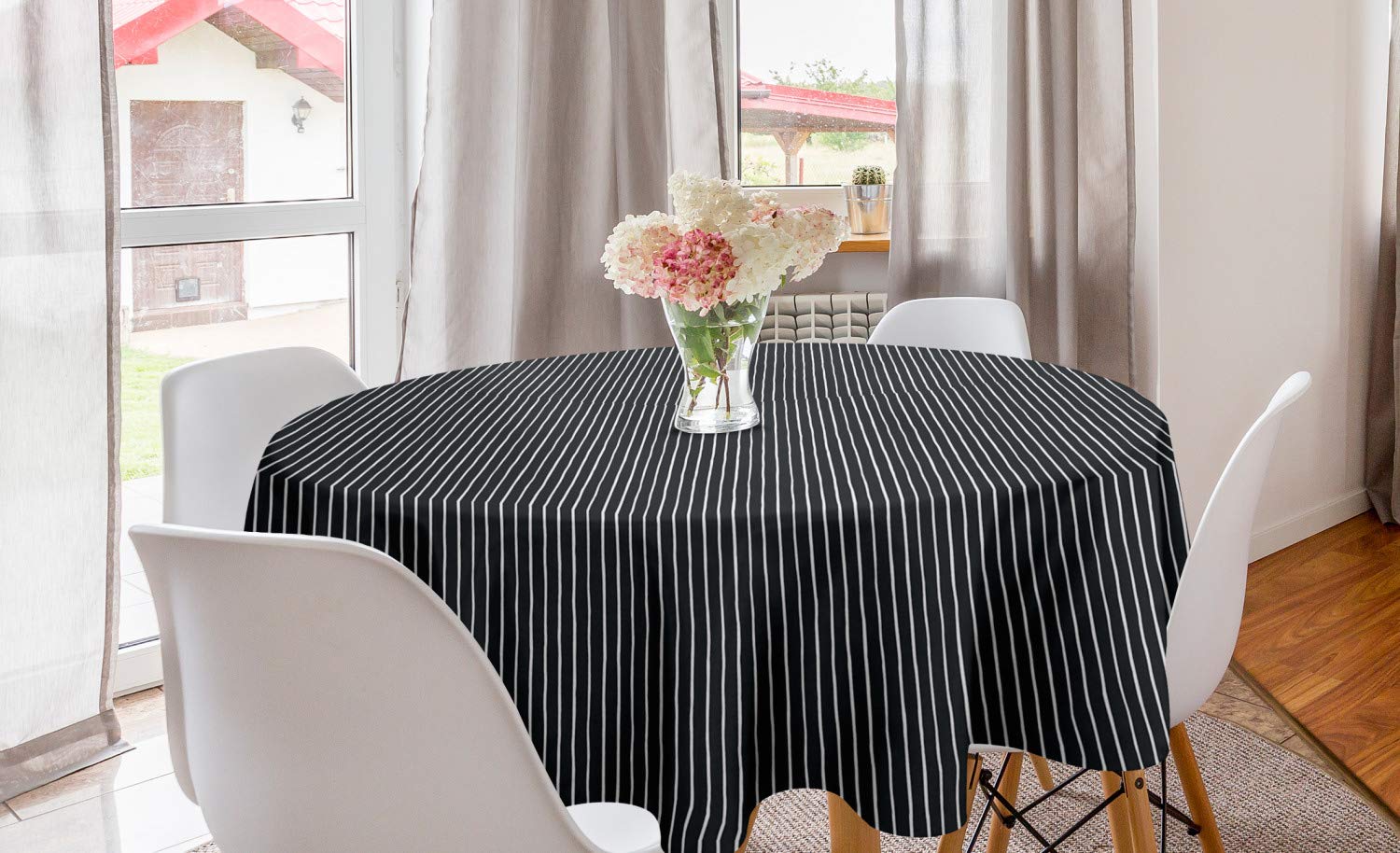 Ambesonne Black and White Pinstripe Round Tablecloth - 60 Inch Monochrome Circle Table Cover with Thin Uneven Lines for Dining Room & Kitchen Decor | Perfect for Dinner Parties, Holiday Gatherings & Home Styling
