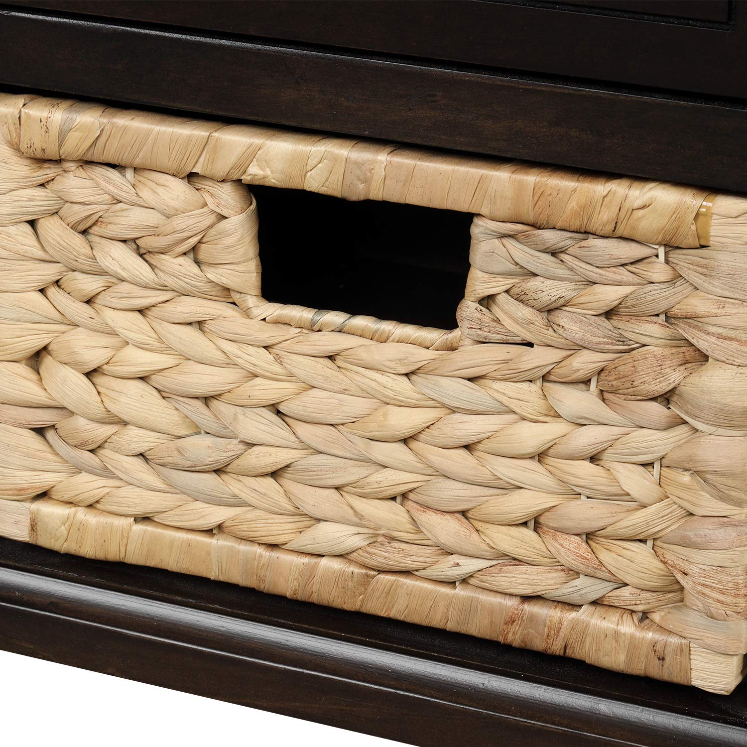 Rustic Wooden Storage Bench with 3 Drawers & 3 Woven Rattan Baskets - Entryway Shoe Bench, Hallway Organizer, Living Room Furniture (Espresso Finish) - Perfect for Small Spaces, Mudroom & Closet Storage