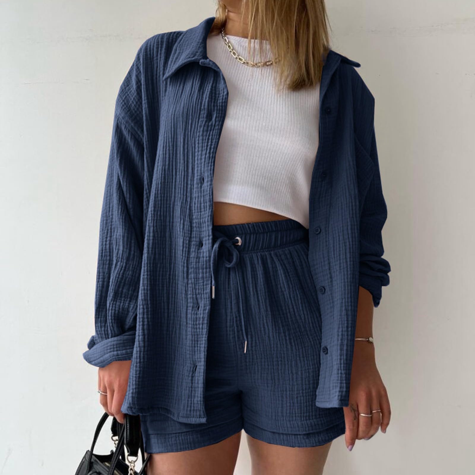 Women's Summer Two Piece Outfits - Short Sleeve Button Down Shirt & Shorts Lounge Set with Pockets | Casual Vacation Wear, Beach Day Outfits, Weekend Brunch Clothes