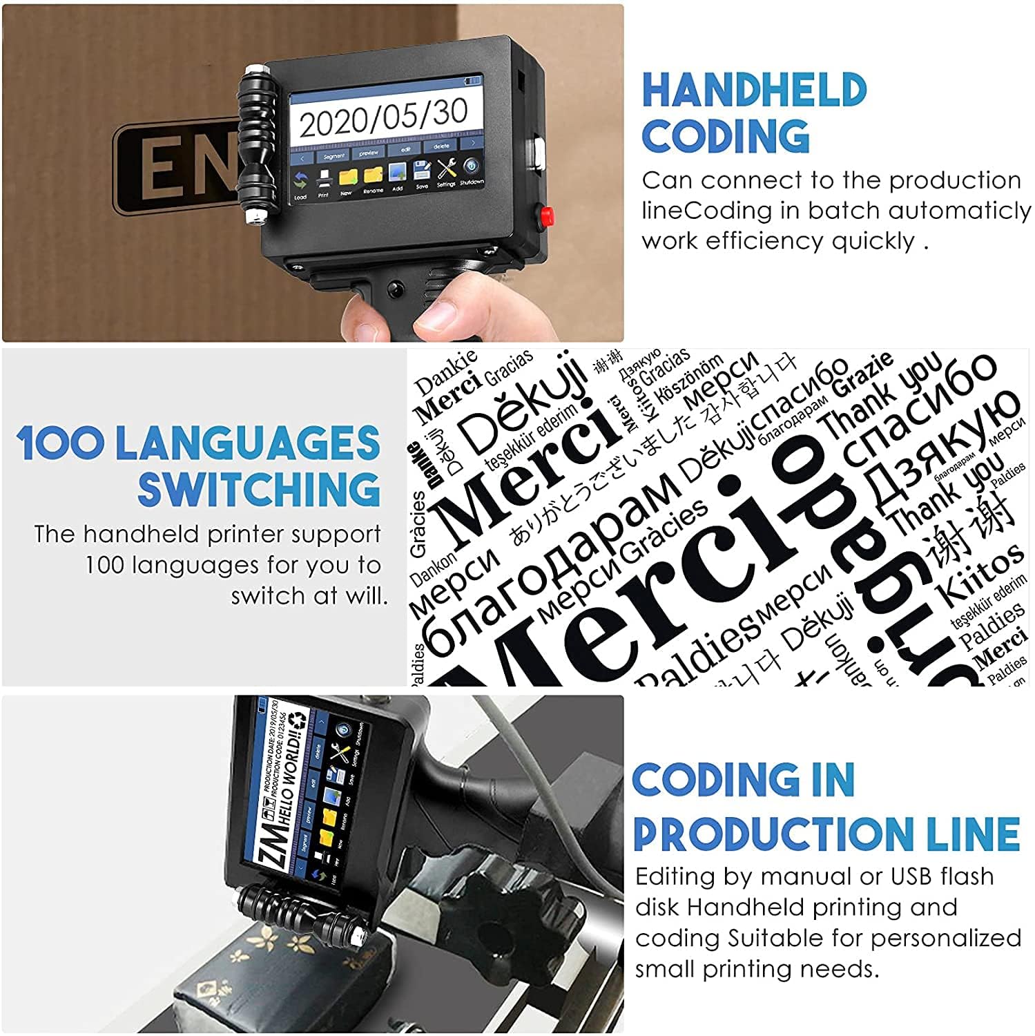 4.3 Inch HD Touch Screen Handheld Inkjet Printer - Portable Bluetooth Printer with Quick-Drying Ink (100 Language Support) for Labeling, Packaging & Industrial Marking