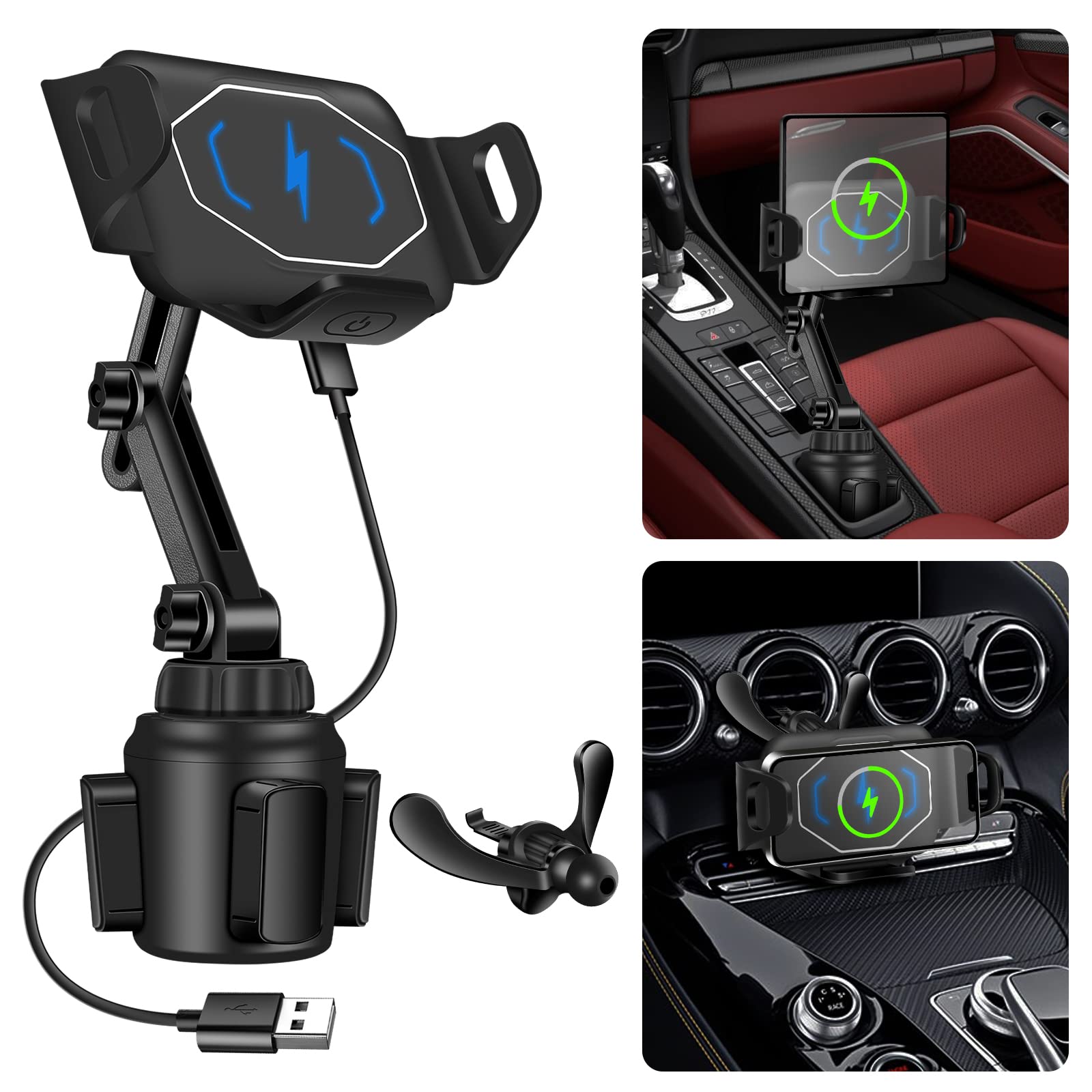 FULNEY 15W Qi Wireless Car Charger Mount - Auto Clamping Phone Holder for Galaxy Z Fold 4/3/2/S23 Ultra & iPhone 14 Pro Max (5.6-7.4in) - Cup Holder & Air Vent Mount - Perfect for Hands-Free Charging While Driving