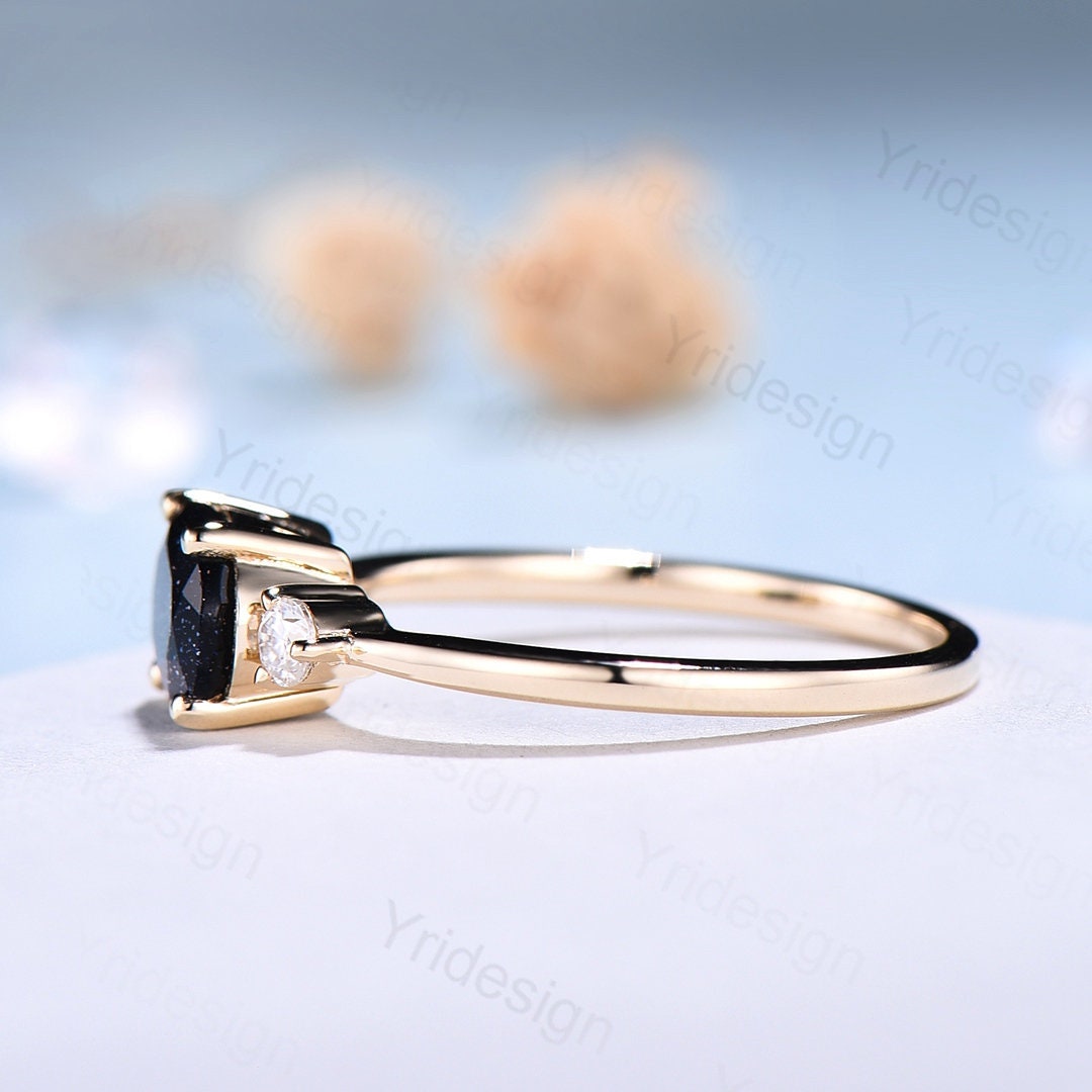 Blue Sandstone Ring for Women - Elegant Oval Galaxy Engagement Ring with Three Stones, Rose Gold Bridal Promise Ring - Perfect for Weddings, Anniversaries & Special Occasions