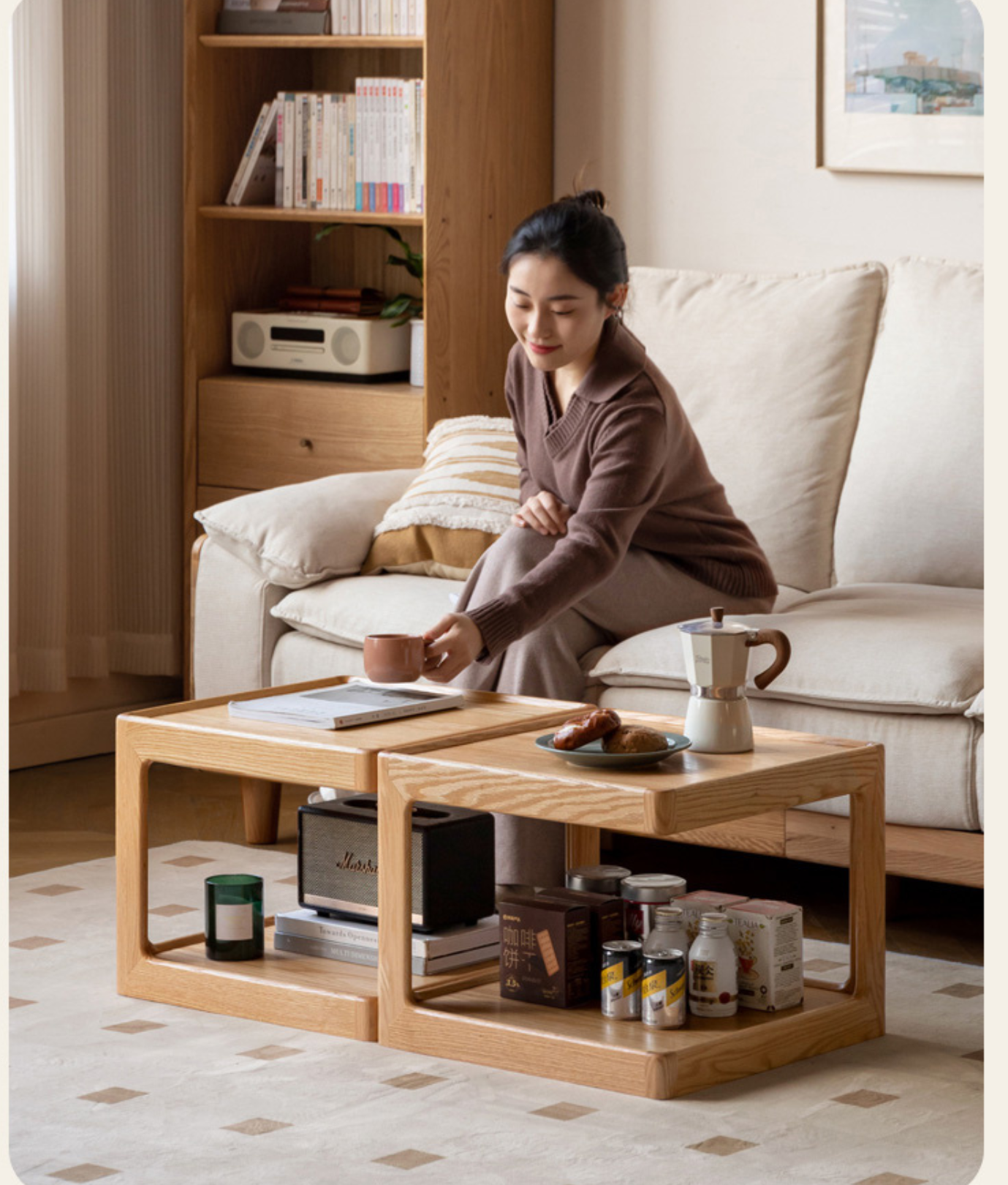 Premium Oak Solid Wood Square Coffee Table - Modern Living Room Furniture for Home Decor & Relaxation