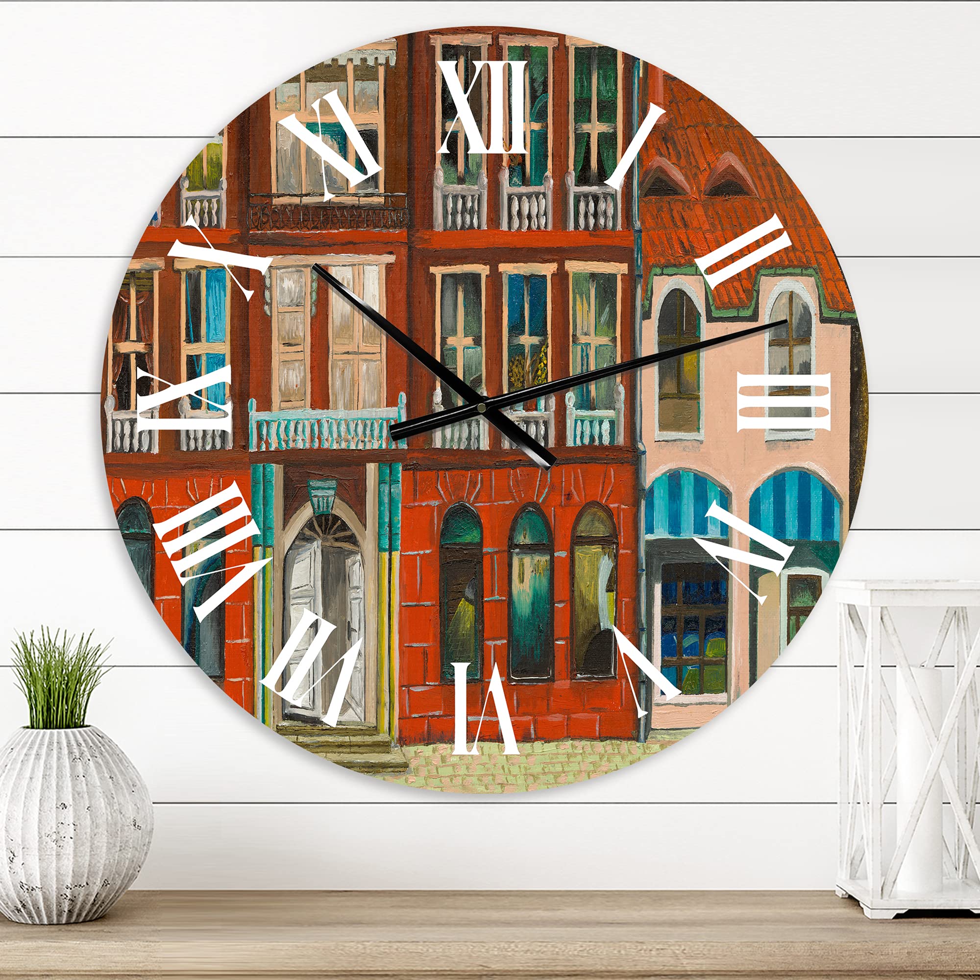 French Country Wall Clock - 'Red Facade of Shop in Paris I' Landscape Design - Large Kitchen Wall Decor - Perfect for Farmhouse, Living Room & Office Décor